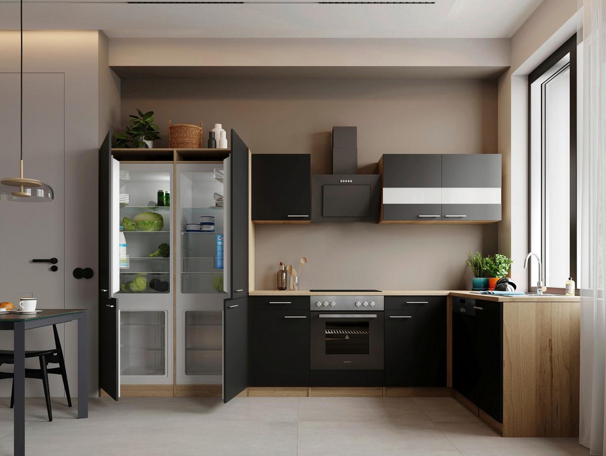 Eckküche Merle m. Geräten ca. 340x172cm Schwarz - Edelstahlfarben/Eichefarben, Trend, Holzwerkstoff/Metall (340/172cm) - Respekta