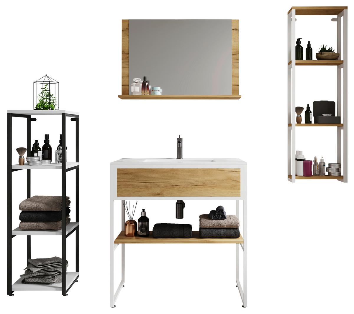 BADEZIMMER 5-TLG. WASCHPLATZ "BITILA 80" - Honigeiche/Weiss, Modern, Glas/Keramik (80/85/46cm) - MID.YOU