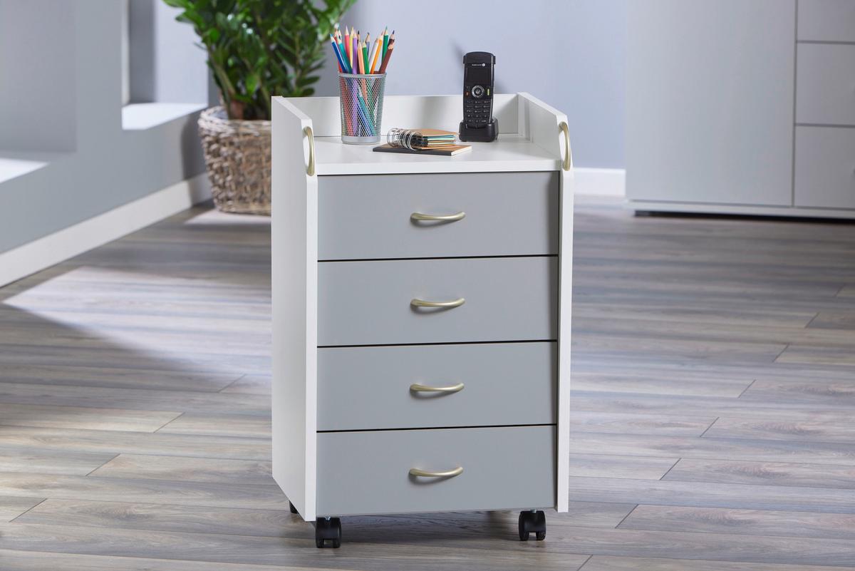 Rollcontainer Printi Grau/Weiß - Silberfarben/Weiß, KONVENTIONELL, Holzwerkstoff/Kunststoff (40/65/36cm) - MID.YOU