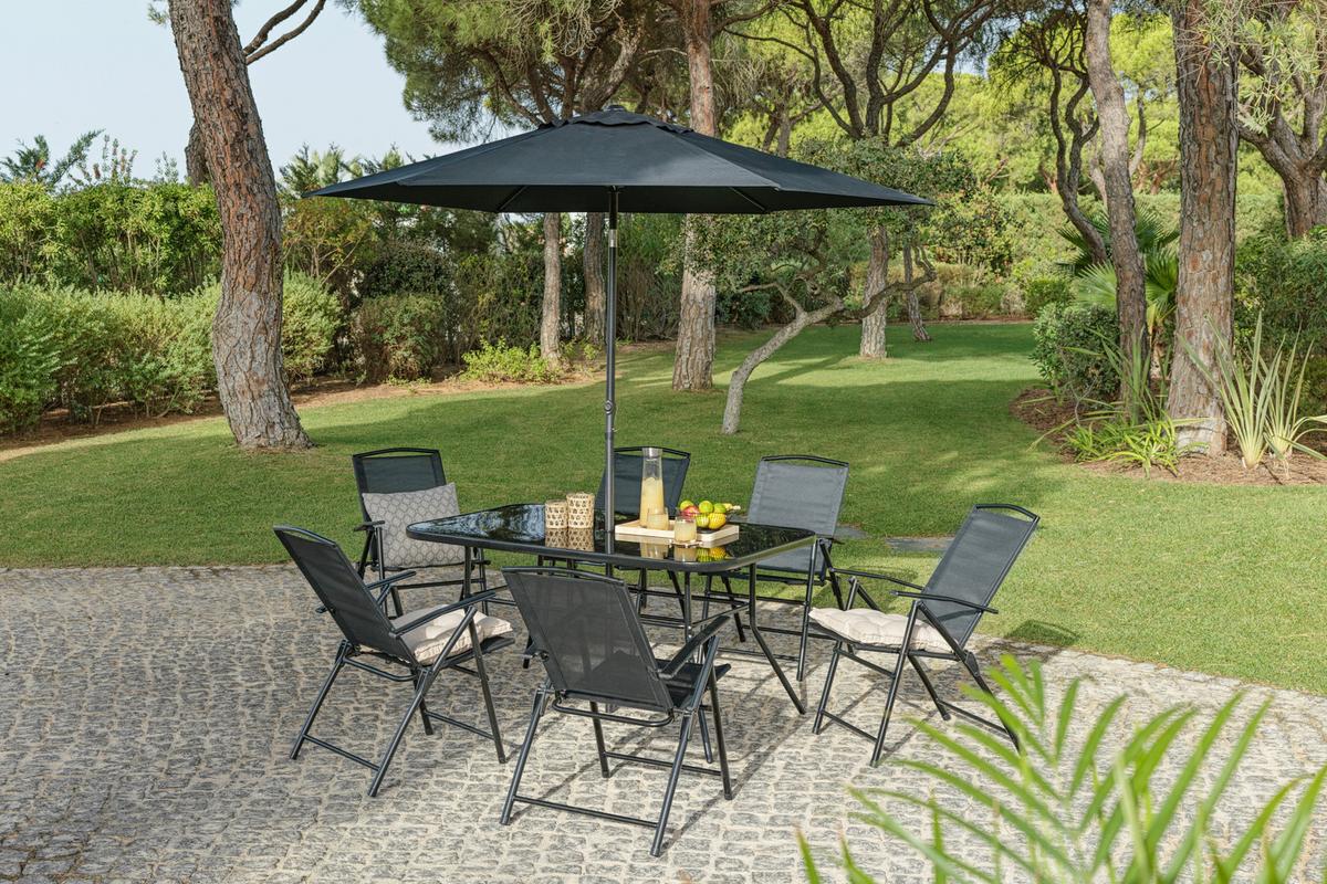 Vrtna Garnitura Laura, 7-Delni Set, S Senčnikom - črna, Moderno, kovina/steklo (140/90/70cm)
