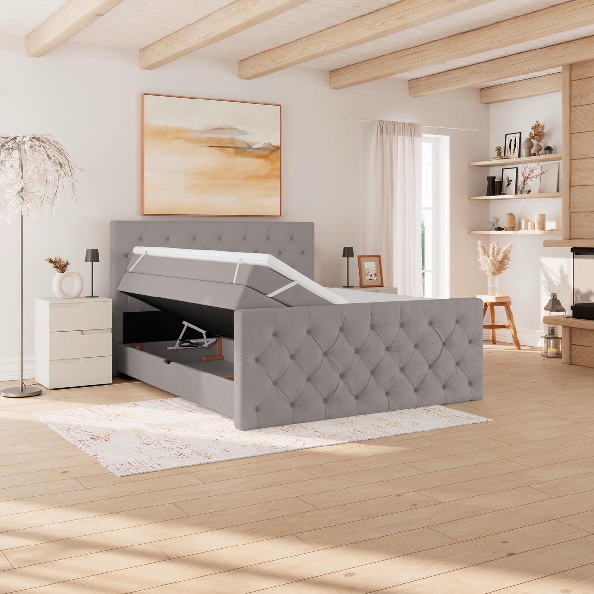 Boxspring Krevet Elio - srebrne boje/bež, Romantično / ladanjski, tekstil/plastika (160/200cm) - Modern Living