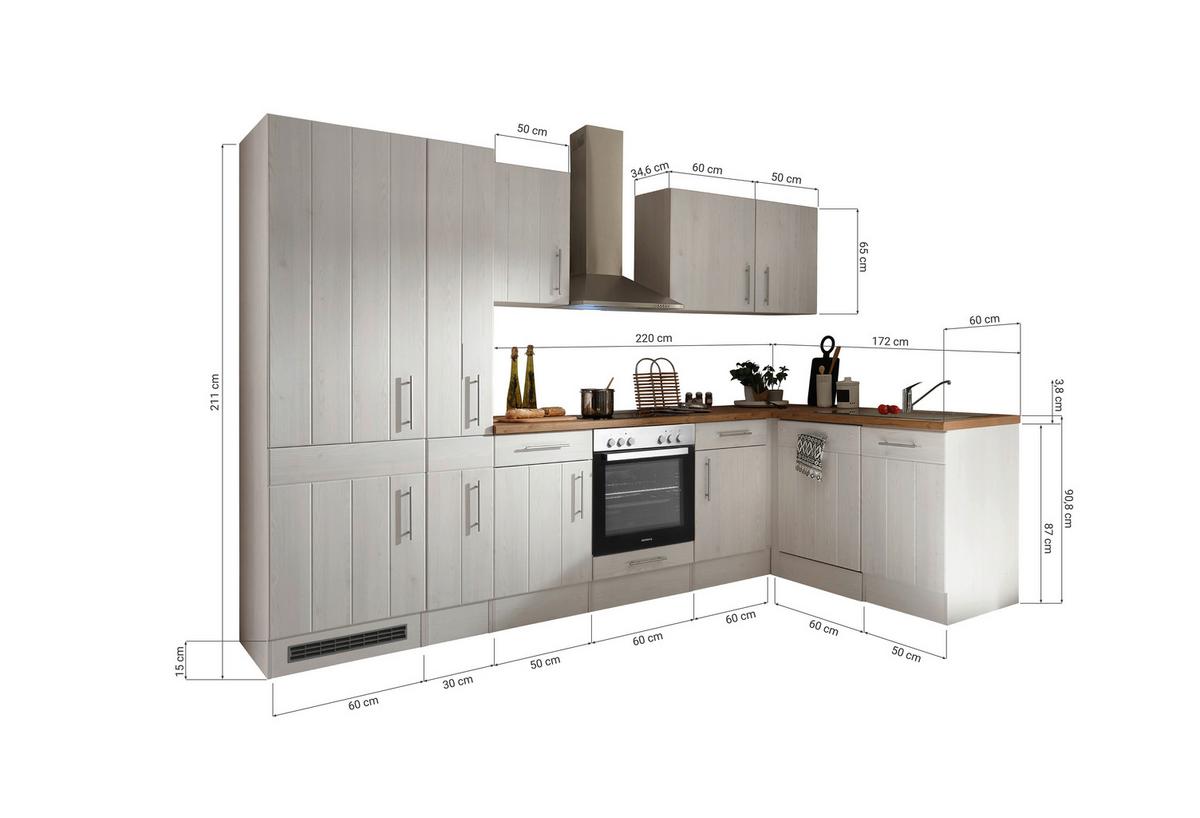 Eckküche Anton Landhaus ohne Geräte ca. 310x172cm Weiß - Wildeiche/Edelstahlfarben, Basics, Holzwerkstoff/Metall (310/172cm) - Respekta