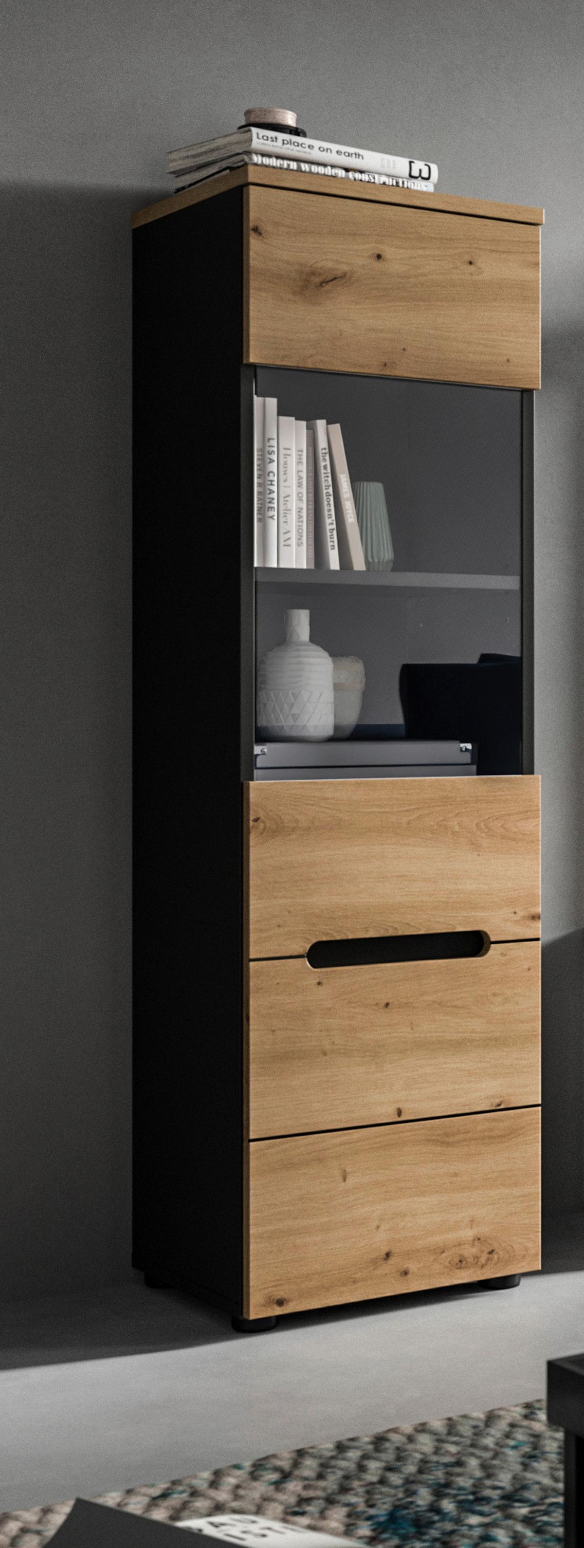 Vitrina Canu, Siva, Barva Hrasta - črna/hrast artisan, Design, umetna masa/leseni material (36/125/33cm) - Livetastic