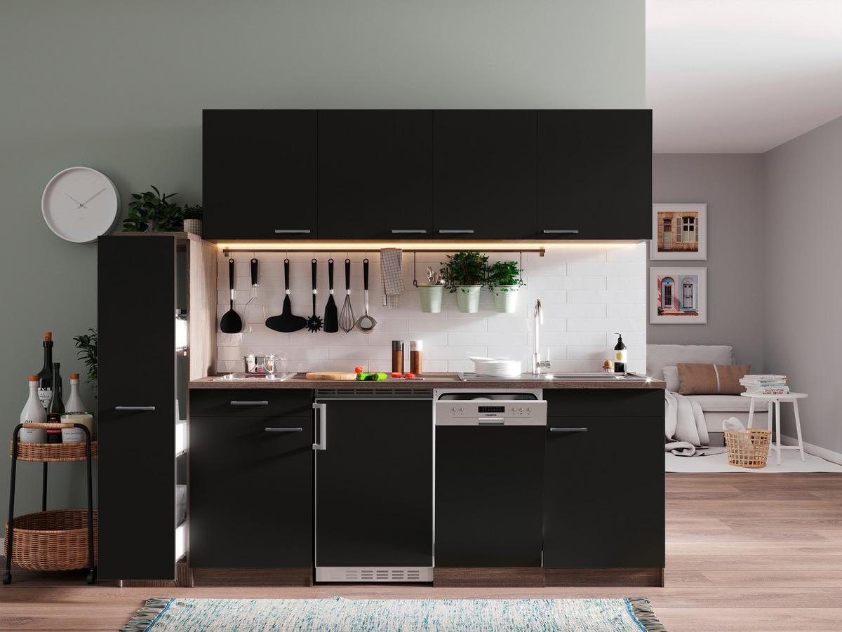 Küchenblock Oliver mit Geräten ca. 225 cm Schwarz - Eichefarben/Schwarz, Basics, Holzwerkstoff/Kunststoff (225cm) - Respekta