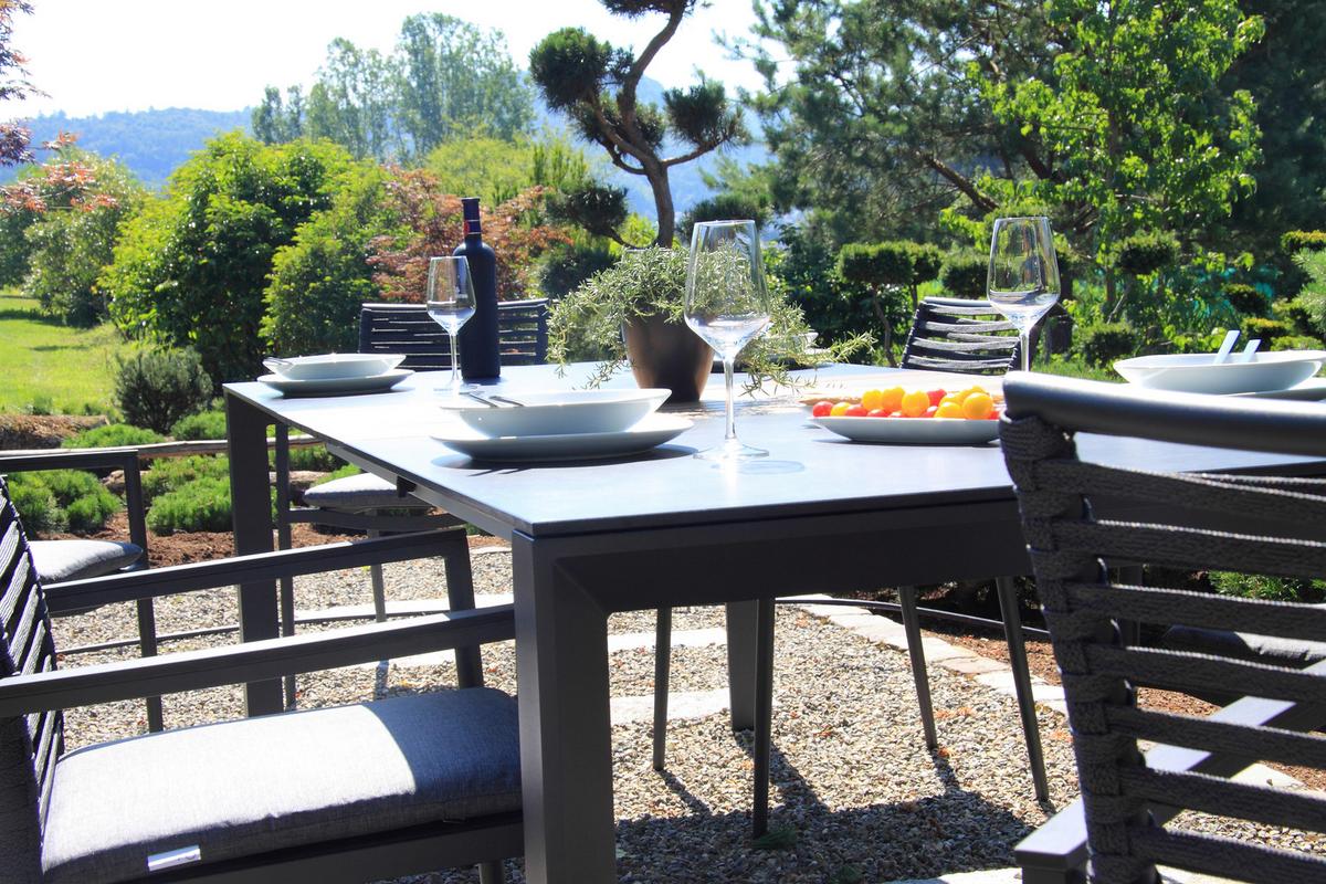Gartenset 5-tlg. Metall/Glas/ Textil/Kunststof/Holzwerkstoff - Dunkelgrau/Anthrazit, Basics, Glas/Holzwerkstoff (180+60/100/74cm) - Acamp