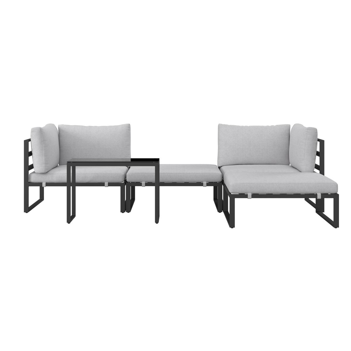 Loungegarnitur Valentina Hellgrau Metall/Textil/Glas - Hellgrau/Schwarz, Modern, Glas/Textil (90/65/74cm) - Bessagi Garden