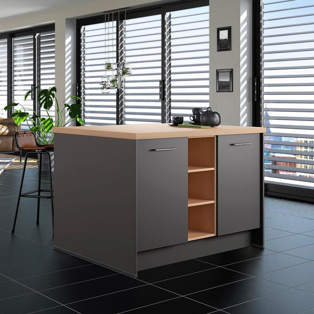 Kücheninsel IP1200 o. Geräte Graphitfarben - Edelstahlfarben/Eichefarben, Basics, Holzwerkstoff/Metall (123,4/91,8/96,6cm) - Impuls