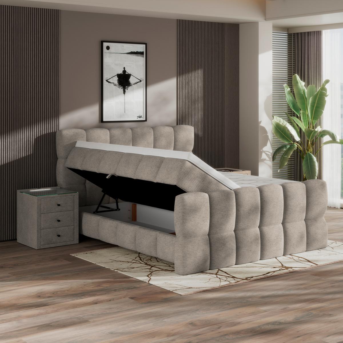 Postelja Boxspring Brisbane, Bež, 160x220 - bež, Trend, kovina/umetna masa (160/220cm) - Premium Living