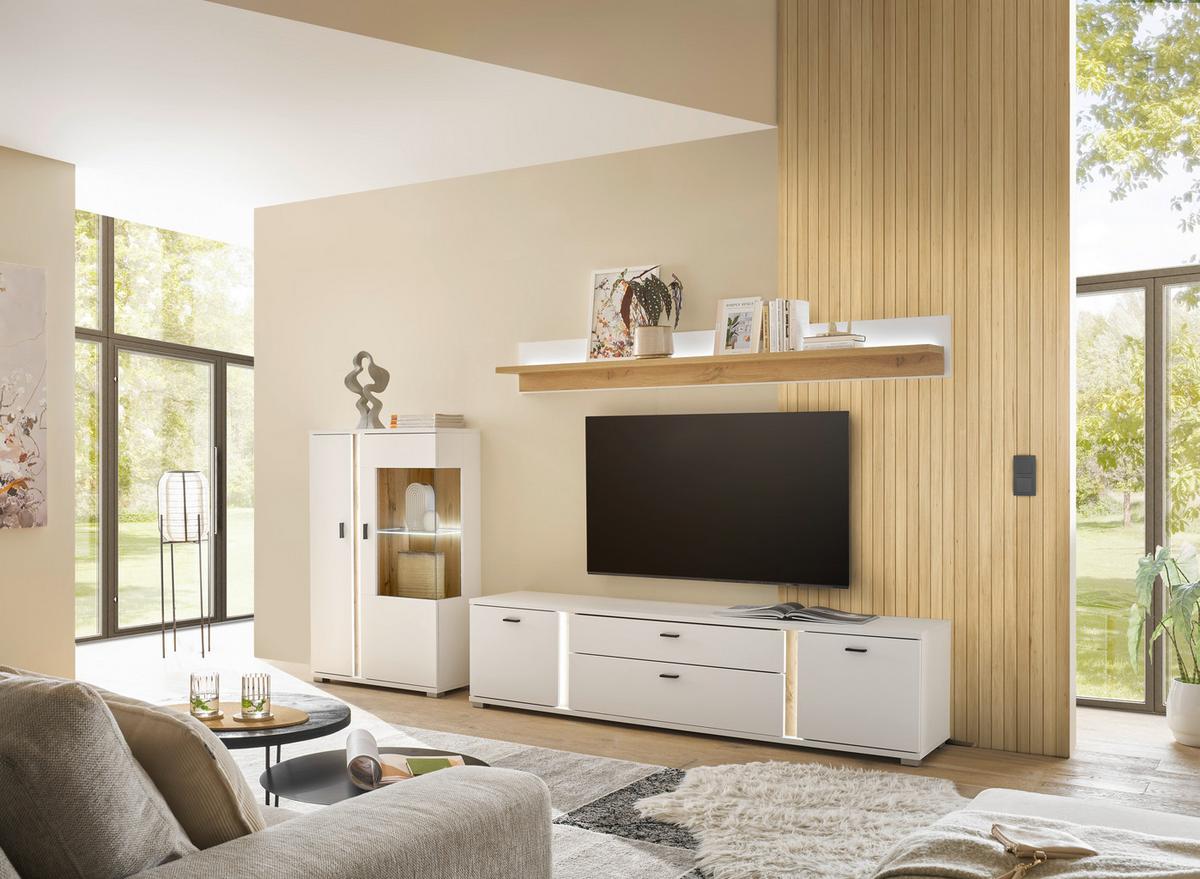 WOHNWAND LONG ISLAND - Eiche Wotan/Schwarz, Design, Glas/Holzwerkstoff (290/170/42cm) - MID.YOU