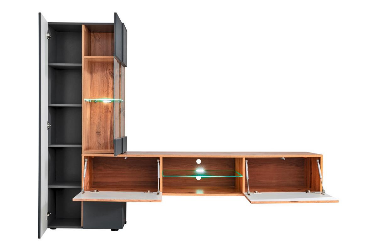 Ansamblu mobilier camera de zi TRY - antracit/stejar Wotan, Modern, sticlă/material pe bază de lemn (210/160/40cm) - Bessagi