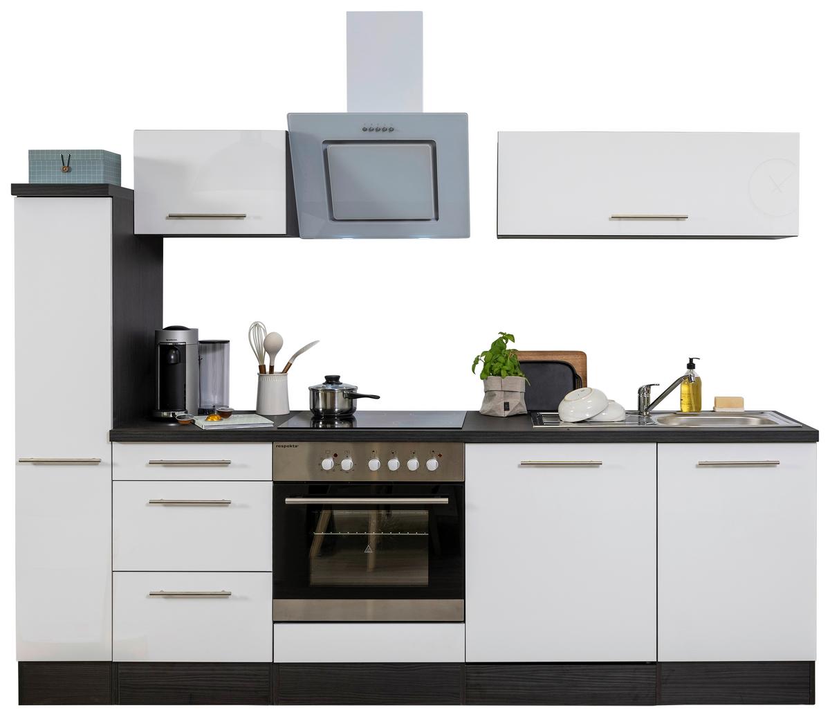 Küchenzeile Weiß Hochglanz/ Grau mit Geräte B: ca. 250 cm - Alufarben/Weiß, Basics, Holzwerkstoff (250cm) - Respekta