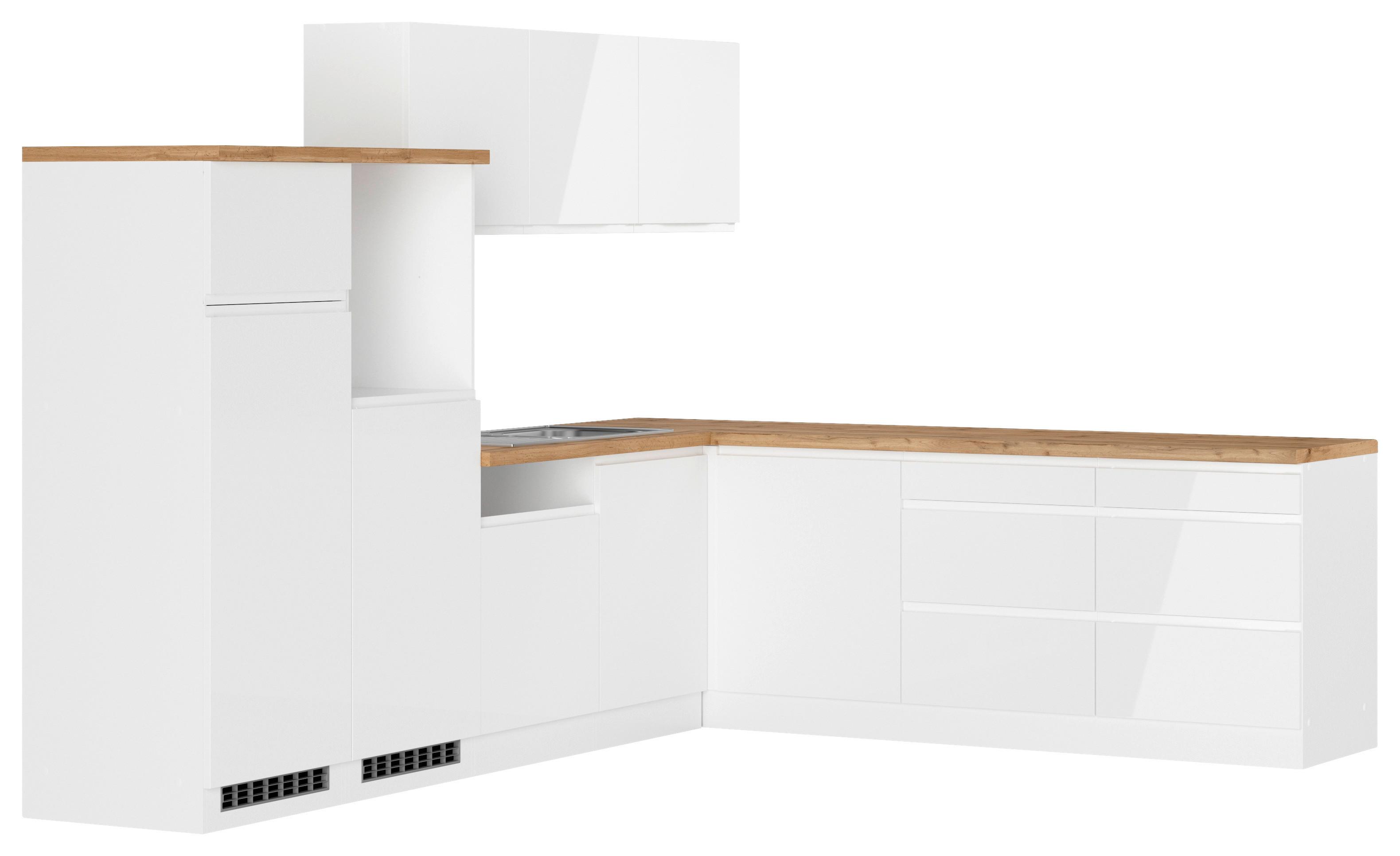 Eckküche Monza ohne Geräte ca. 300x240 cm Weiß/Eiche - Weiß Hochglanz/Eiche Wotan, LIFESTYLE, Holzwerkstoff (300/240cm) - Held