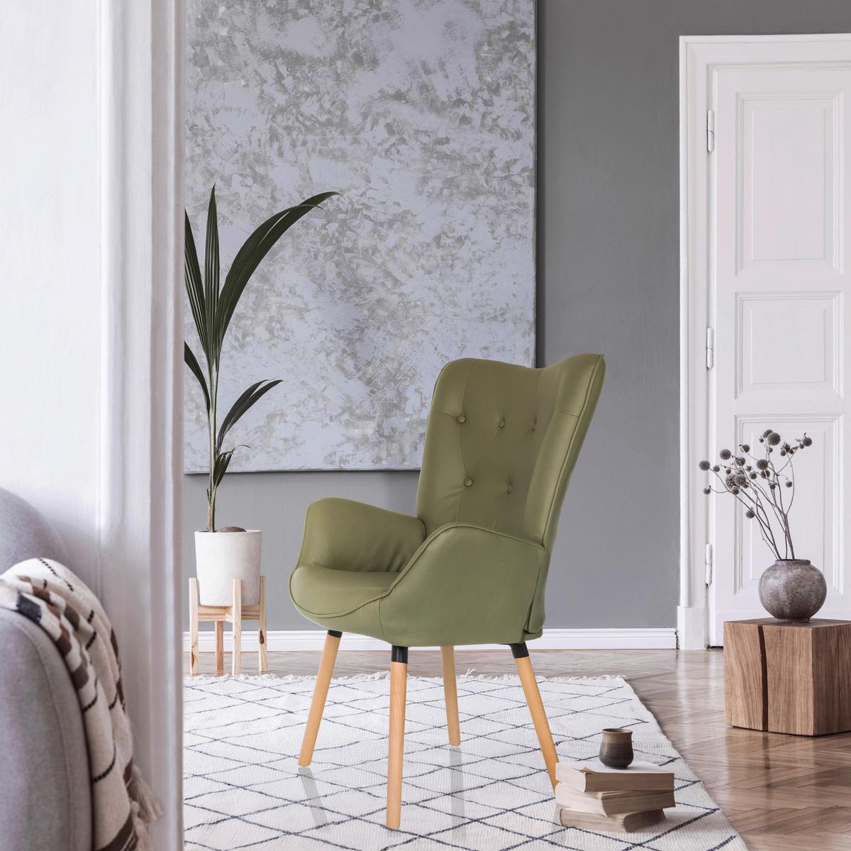 Fotelj Havenio I, Zelena - zelena/barve bukve, Moderno, tekstil/les (70/106/75cm) - MID.YOU