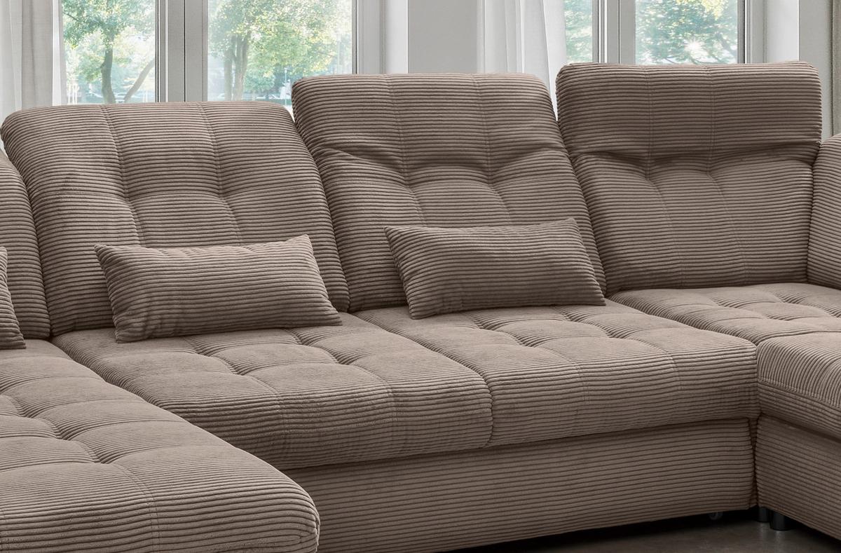 Wohnlandschaft Rigatti Grau- Braun Cord mit Bettkasten - Graubraun/Schwarz, MODERN, Textil/Metall (184/387/252cm) - Livetastic