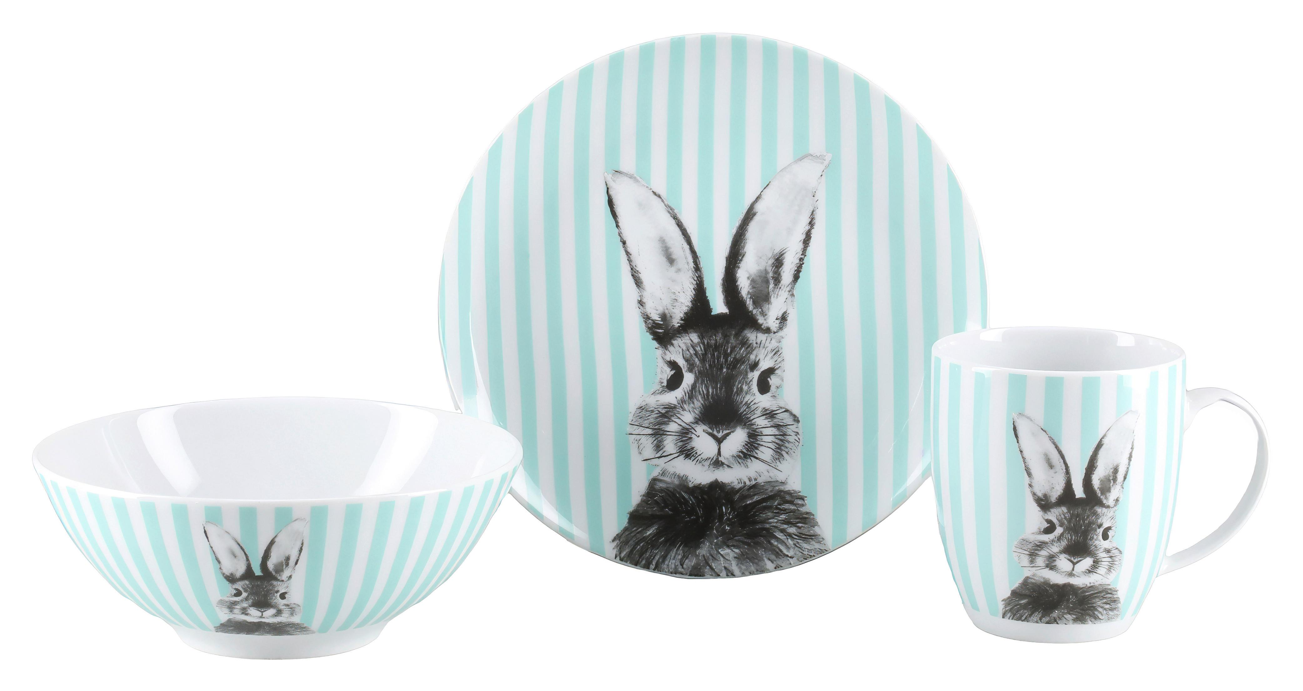 Frühstücksservice Happy Bunny Grün, 3-teilig - Weiß/Grün, Basics, Keramik - Creatable