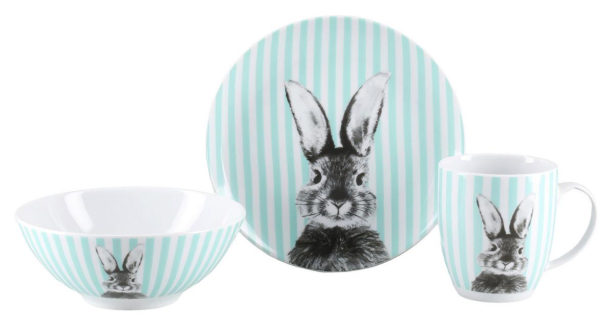 Frühstücksservice Happy Bunny Grün, 3-teilig - Weiß/Grün, Basics, Keramik - Creatable