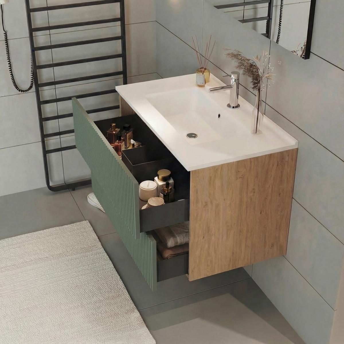 Bază pentru lavoar Eva - verde salvie/stejar sălbatic, Modern, material pe bază de lemn (100/51/46cm)