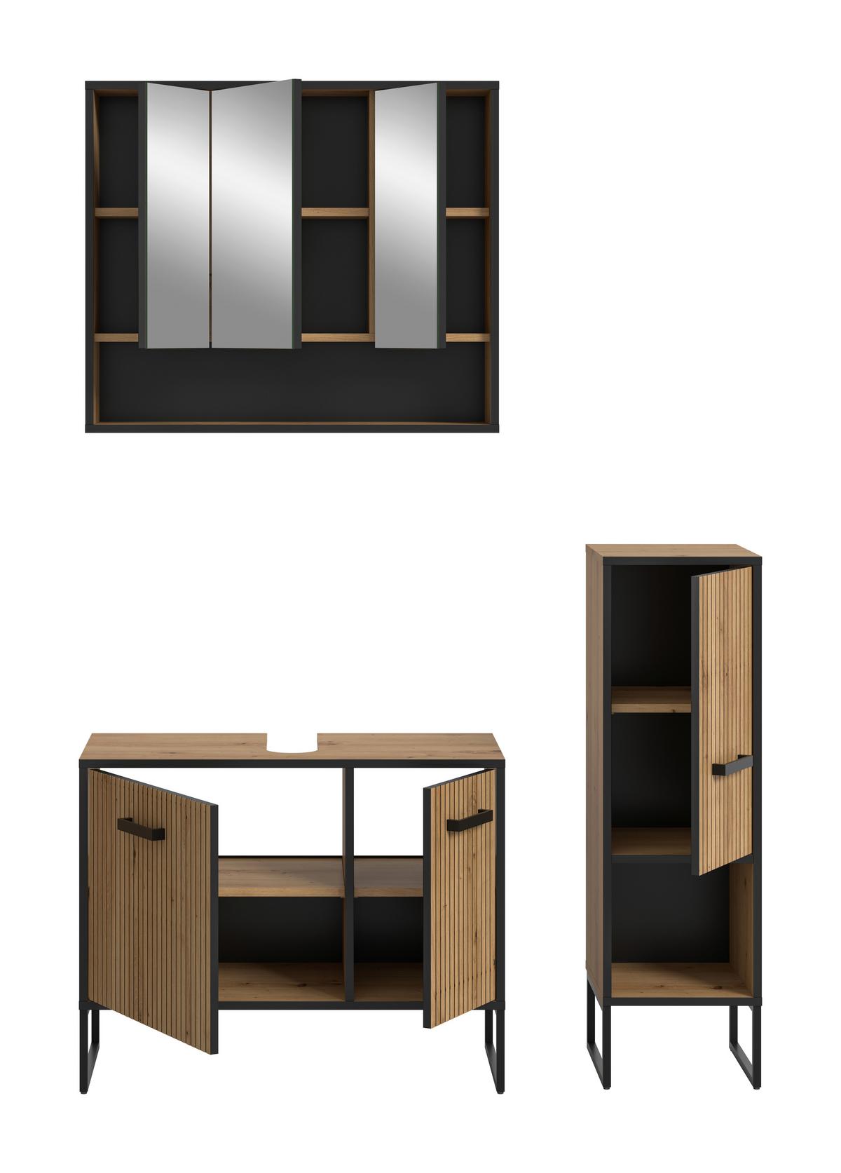 Badezimmer Bagno 3-tlg. Eiche Artisan/Schwarz - Schwarz/Eiche Artisan, Trend, Glas/Holzwerkstoff (110cm) - MID.YOU
