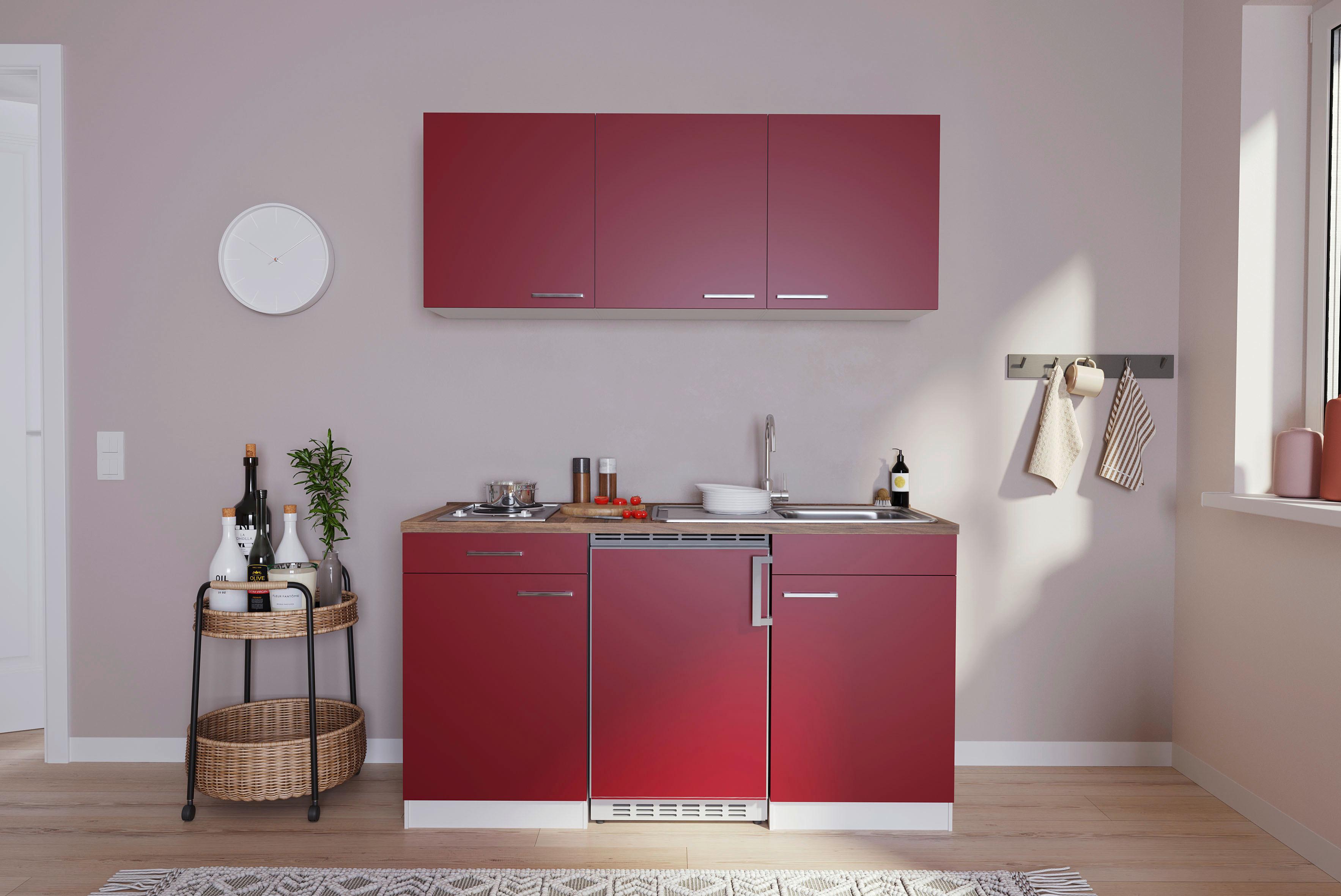 Miniküche Economy m. Geräten Rot ca. 150 cm - Edelstahlfarben/Rot, Basics, Holzwerkstoff/Kunststoff (150cm) - Respekta