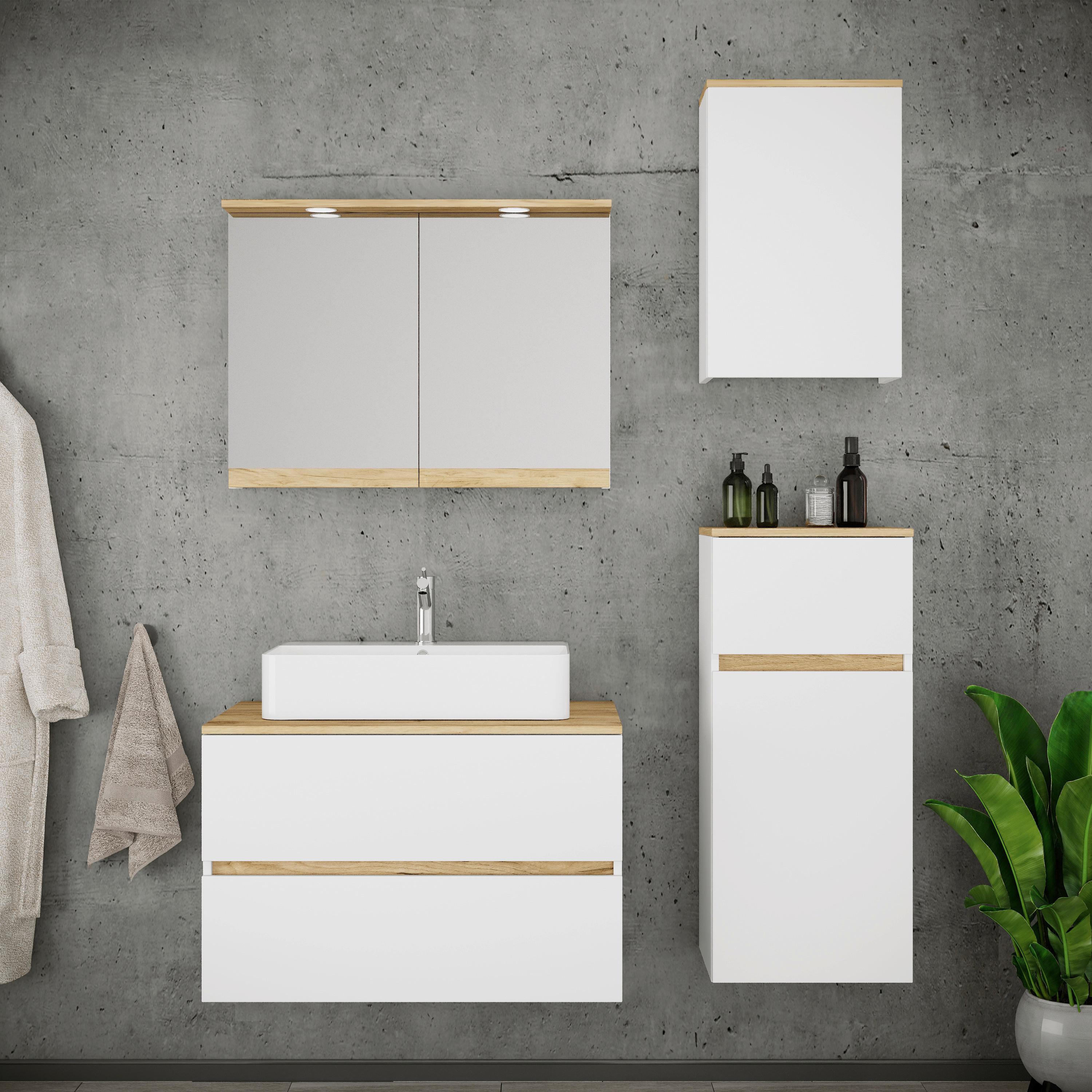 Badezimmer Cosila - Honigeiche/Weiss, Trend, Keramik/Holzwerkstoff (120cm) - MID.YOU