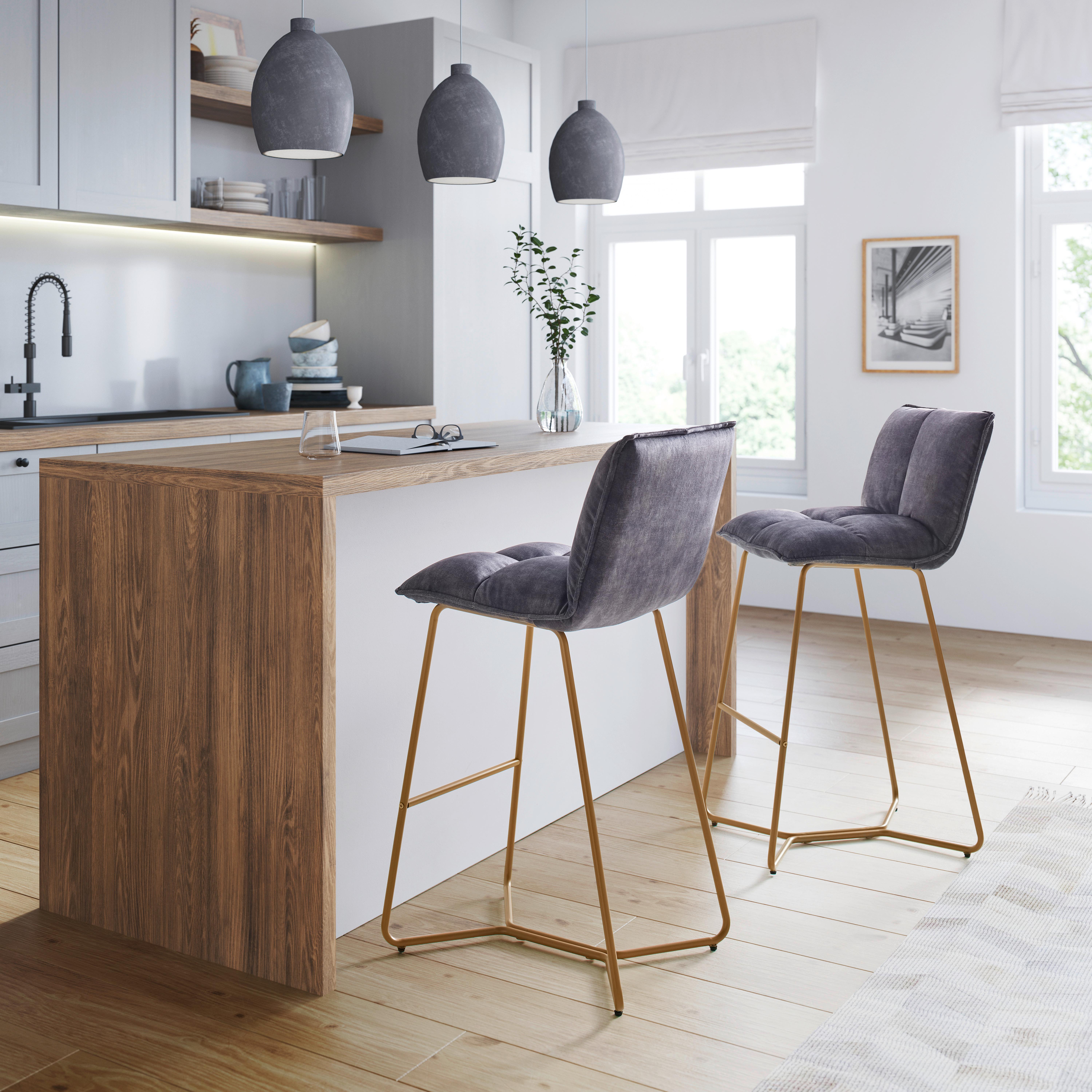 Barhocker Fonia Dunkelgrau Samt Gepolstert - Dunkelgrau/Goldfarben, MODERN, Holz/Textil (46/103,5/57cm) - Bessagi Home