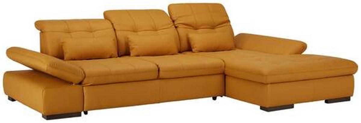 Ledersofa in Gelb mit Bettfunktion - Currygelb/Chromfarben, Konventionell, Leder/Metall (305/199cm) - Premium Living