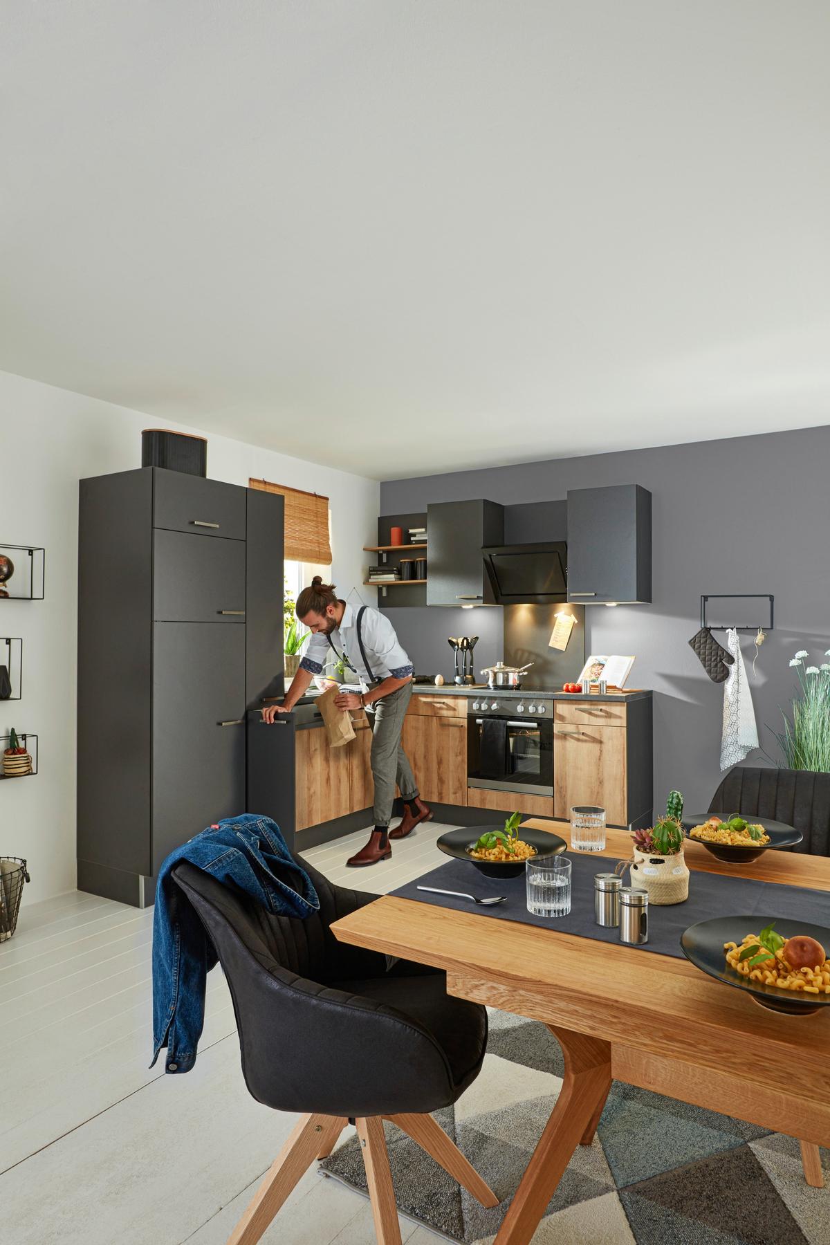 Eckküche inkl. 4 E-Geräte PN100/80 - Eichefarben/Dunkelgrau, MODERN, Holzwerkstoff (265/215cm) - Pino