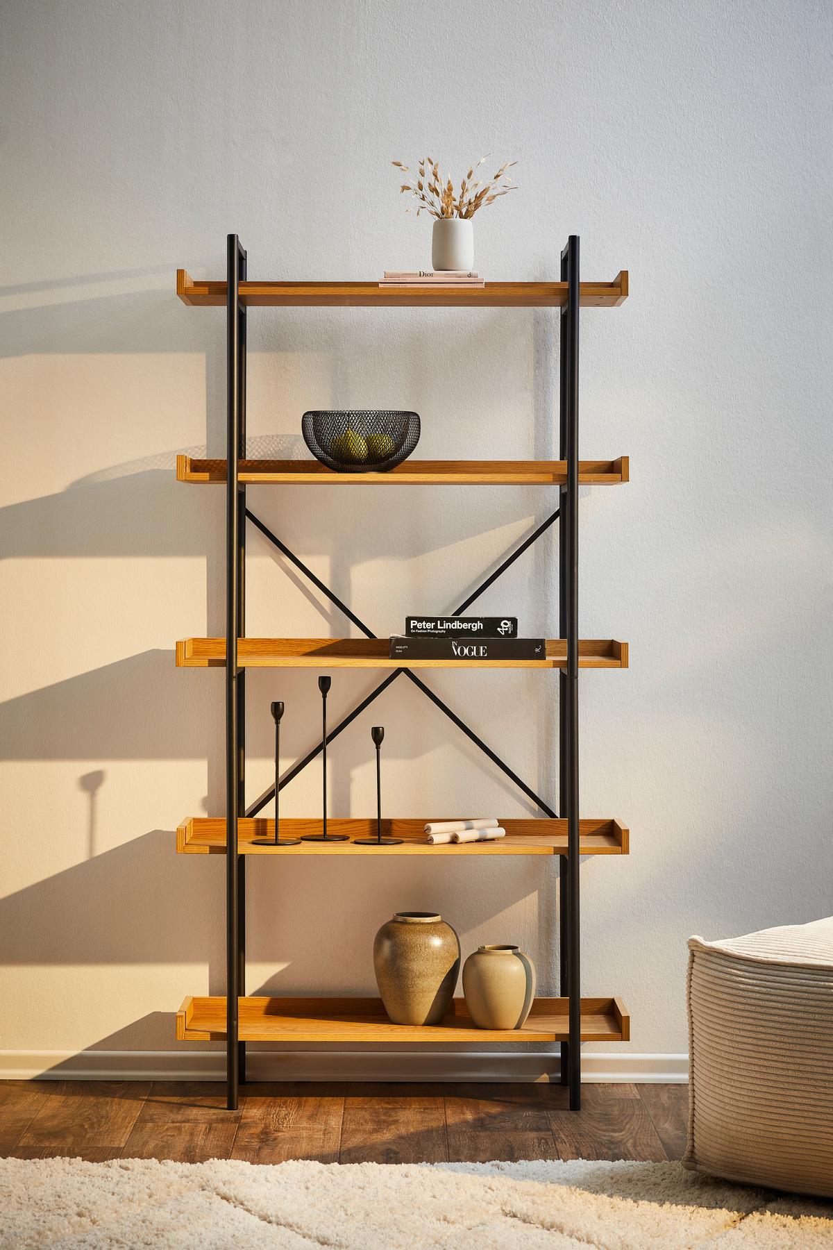 REGAŁ JAN - czarny/dąb wotan, Trend, materiał drewnopochodny/metal (90/172/30cm) - Xora