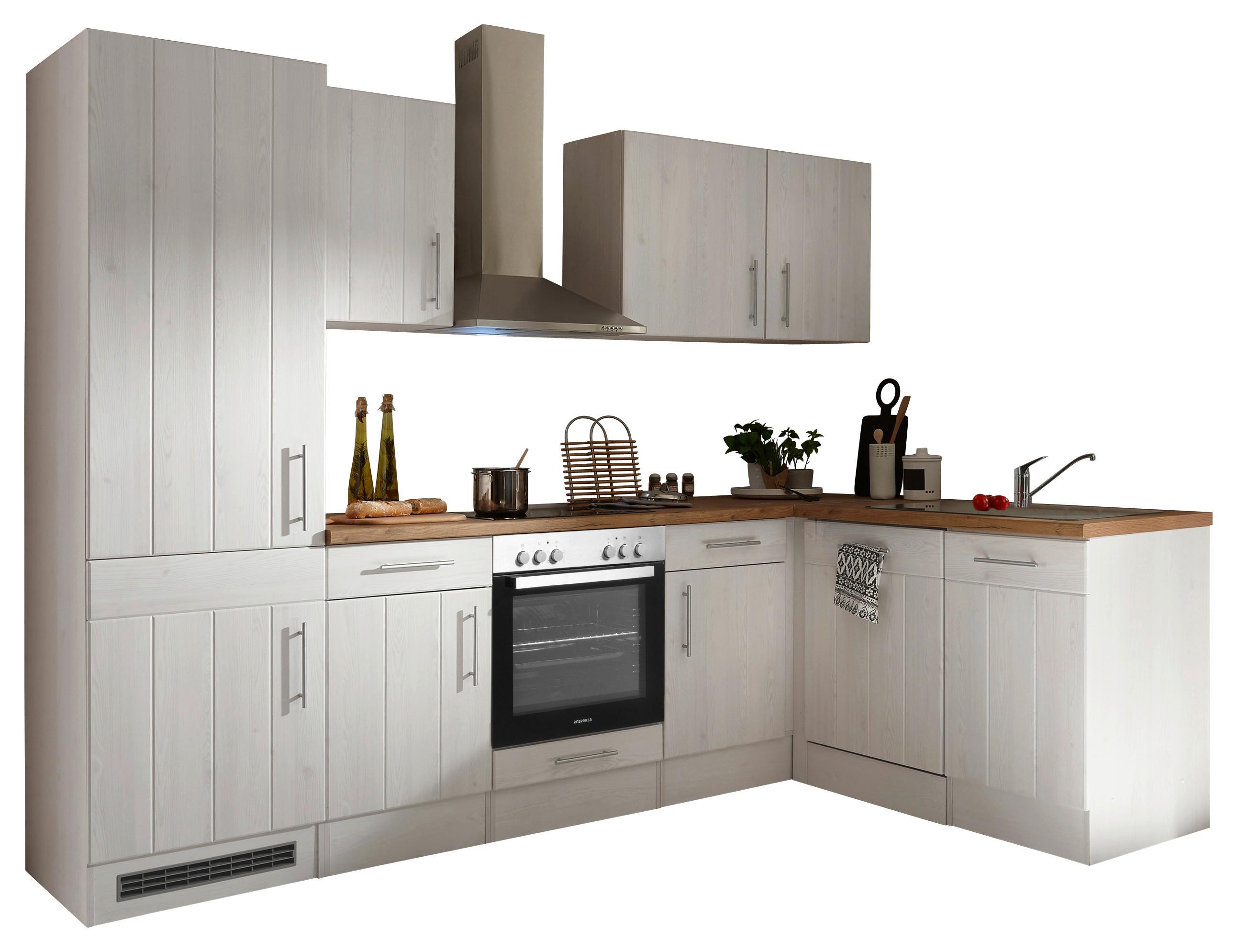 Eckküche Anton Landhaus ohne Geräte ca. 280x172cm Weiß - Wildeiche/Edelstahlfarben, Basics, Holzwerkstoff/Metall (280/172cm) - Respekta