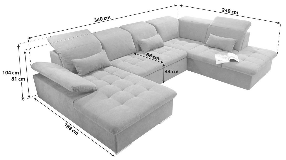 Wohnlandschaft Wayne U inkl. Kissen Dunkelgrau - Dunkelgrau/Silberfarben, KONVENTIONELL, Kunststoff/Textil (188/340/240cm) - MID.YOU