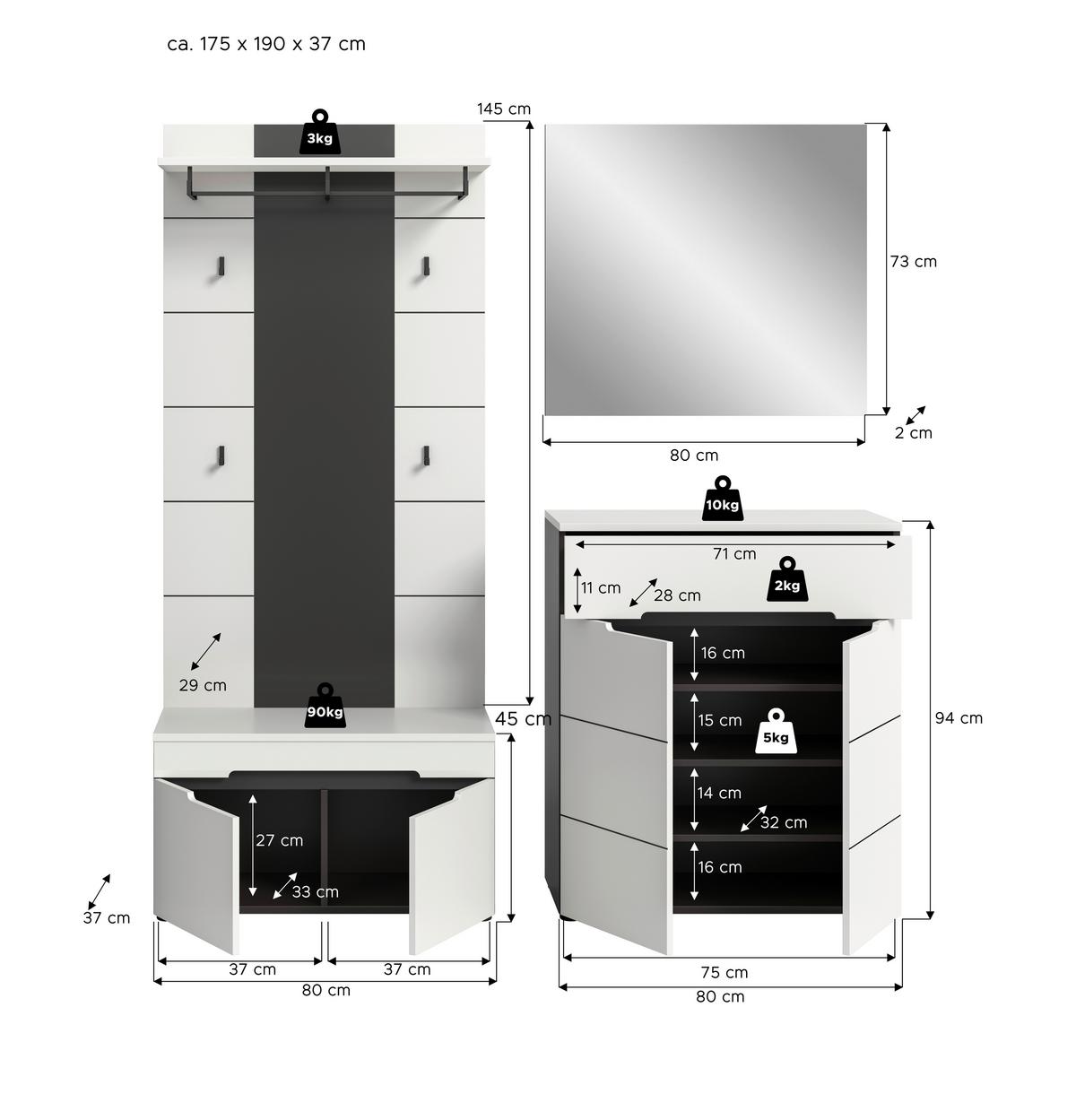 Predsoba Canu, Bela, Siva, 4-Delna - siva/bela, Design, leseni material (175/190/37cm) - Livetastic