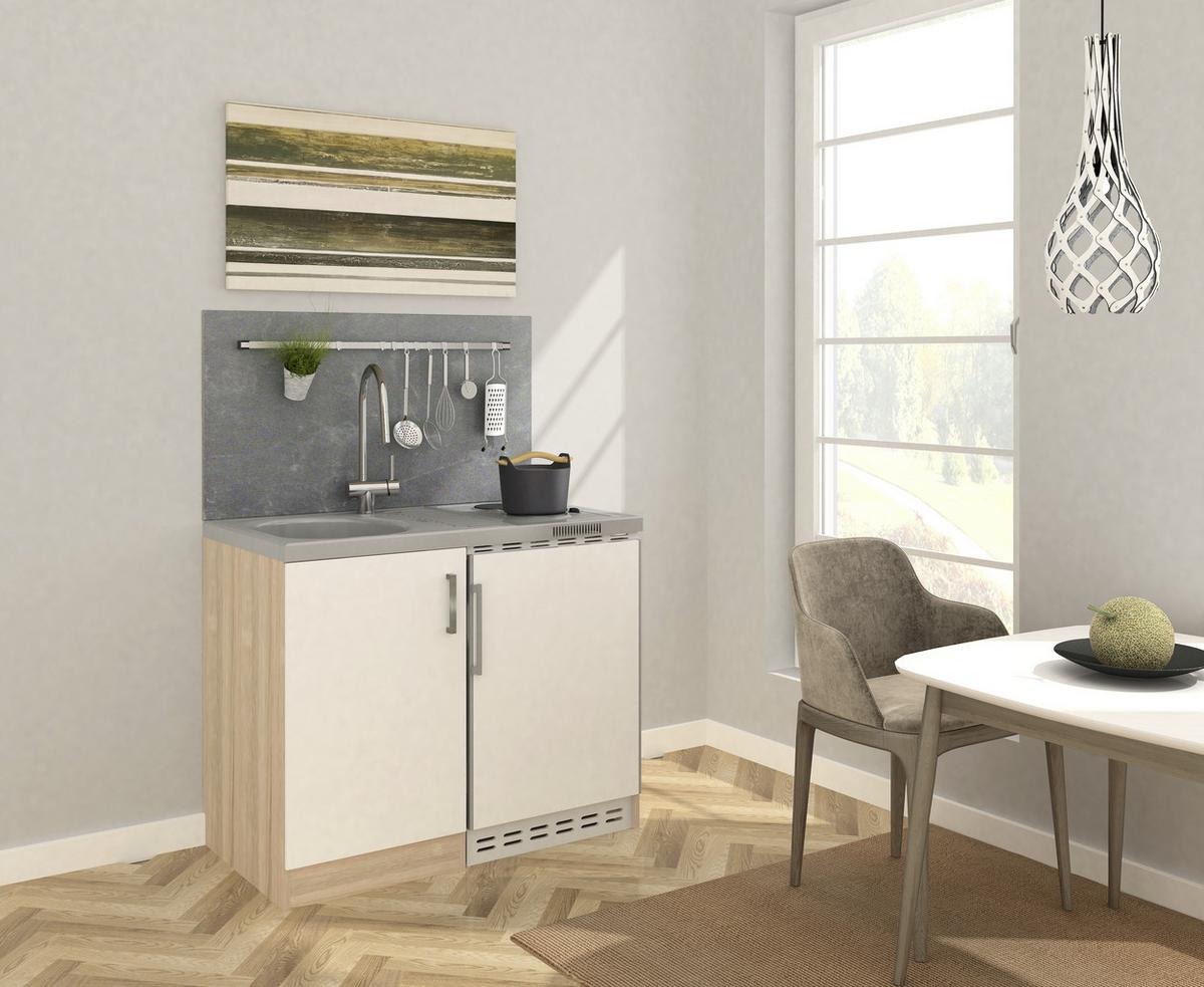 Miniküche Weiss/Eiche Sonoma m. Geräten B: ca. 100cm - Edelstahlfarben/Weiß, MODERN, Holzwerkstoff/Kunststoff (100cm) - Respekta