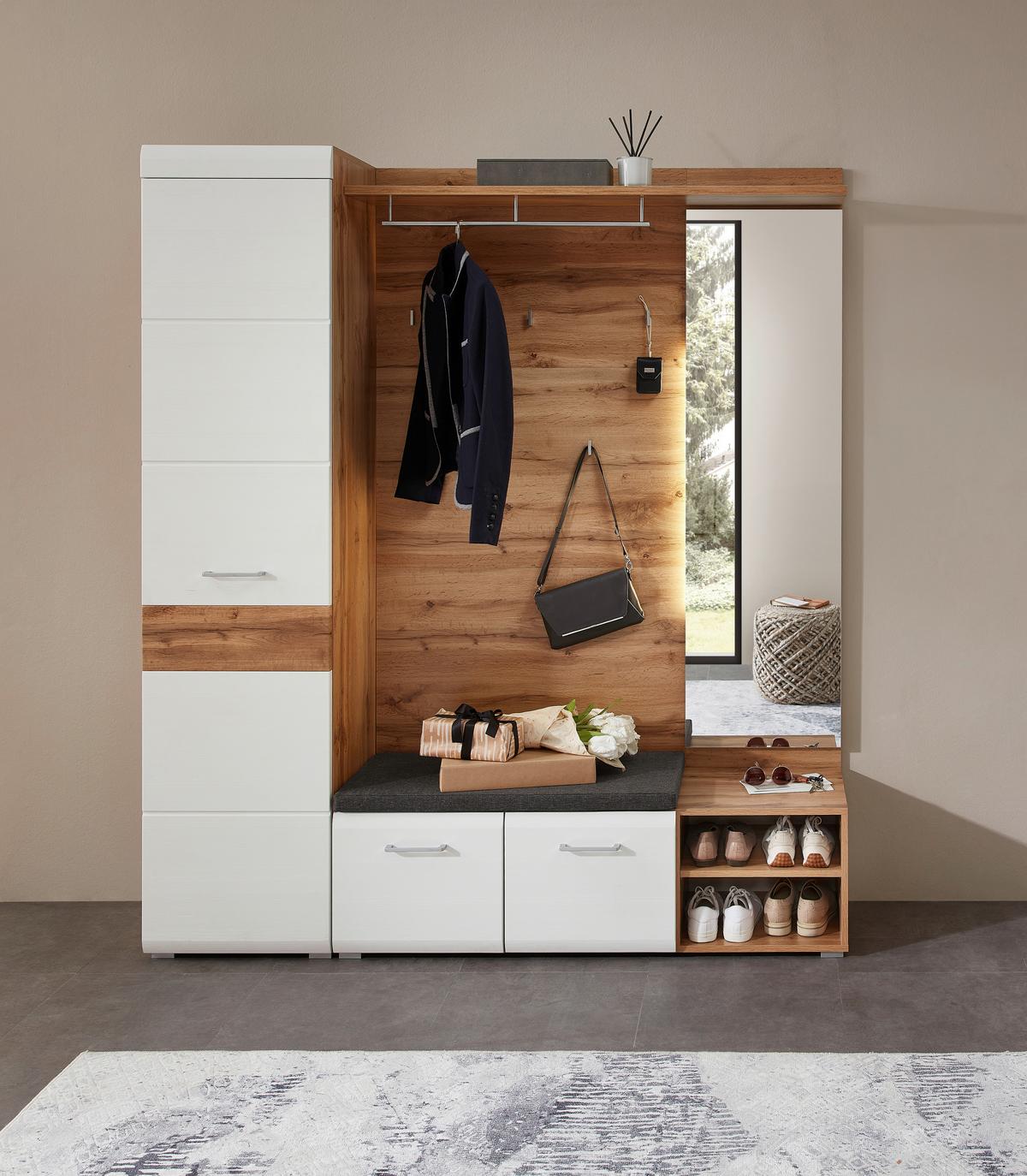 Garderobenbank in Grau/Weiß/Eichefarben - Konventionell, Holzwerkstoff (126/42/40cm) - Mömax