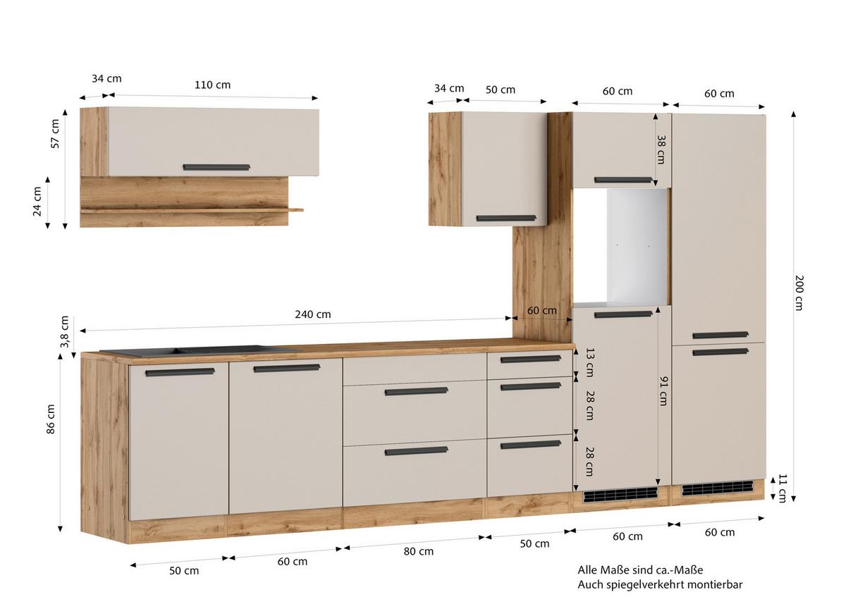 Küchenleerblock Aveiro o. Geräte Kaschmir - Kaschmir/Eiche Wotan, Trend, Holzwerkstoff/Metall (360cm) - Held