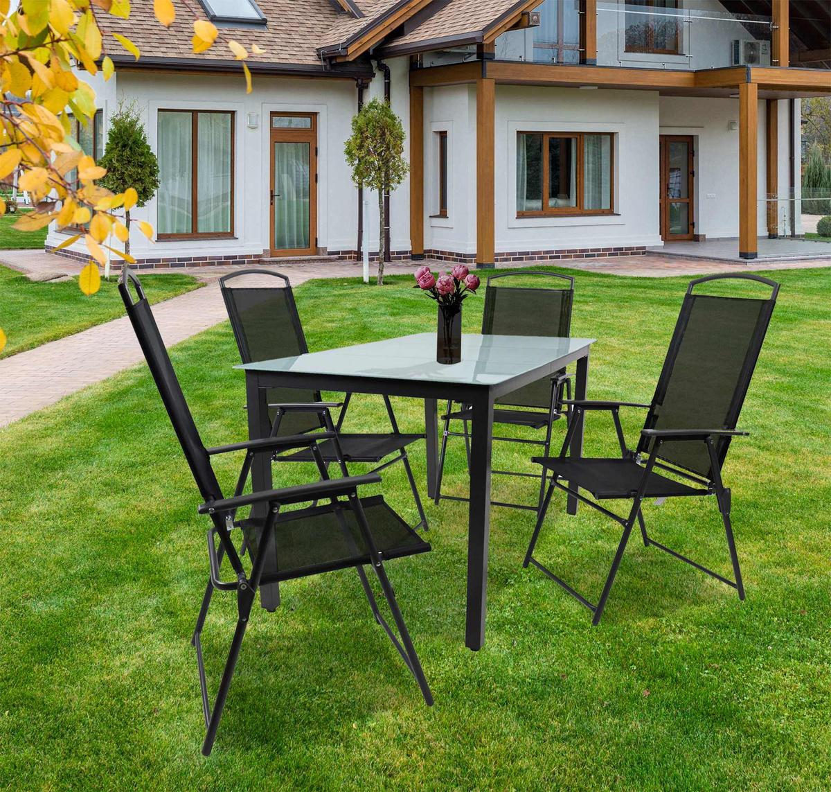 Gartentischgruppe Schwarz 5-teilig - Anthrazit/Schwarz, Basics, Glas/Textil - Gardenson