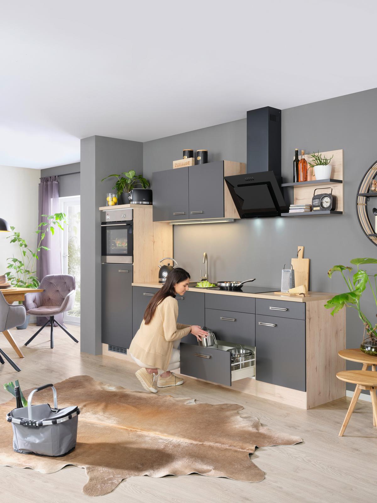 Küchenblock Milano Anthrazit/Eiche - Anthrazit/Schwarz, MODERN, Holzwerkstoff (280cm) - FlexWell