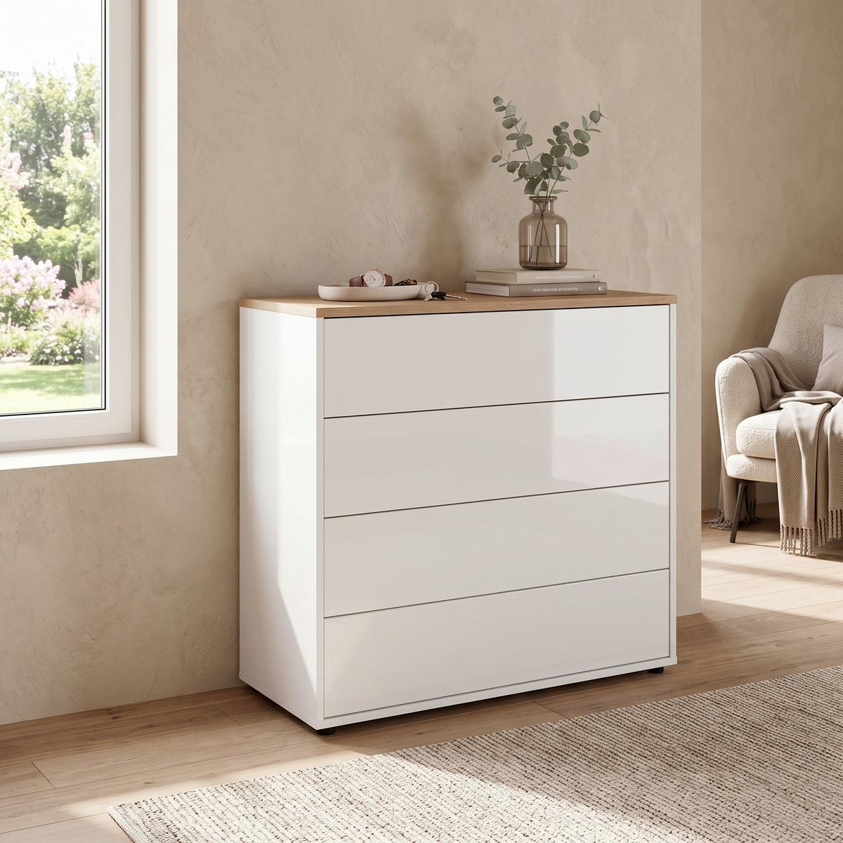 Kommode Mailand Typ 3 Weiß/Eichefarben - Weiß Hochglanz/Eichefarben, MODERN, Holzwerkstoff/Kunststoff (79/73/33cm) - MID.YOU