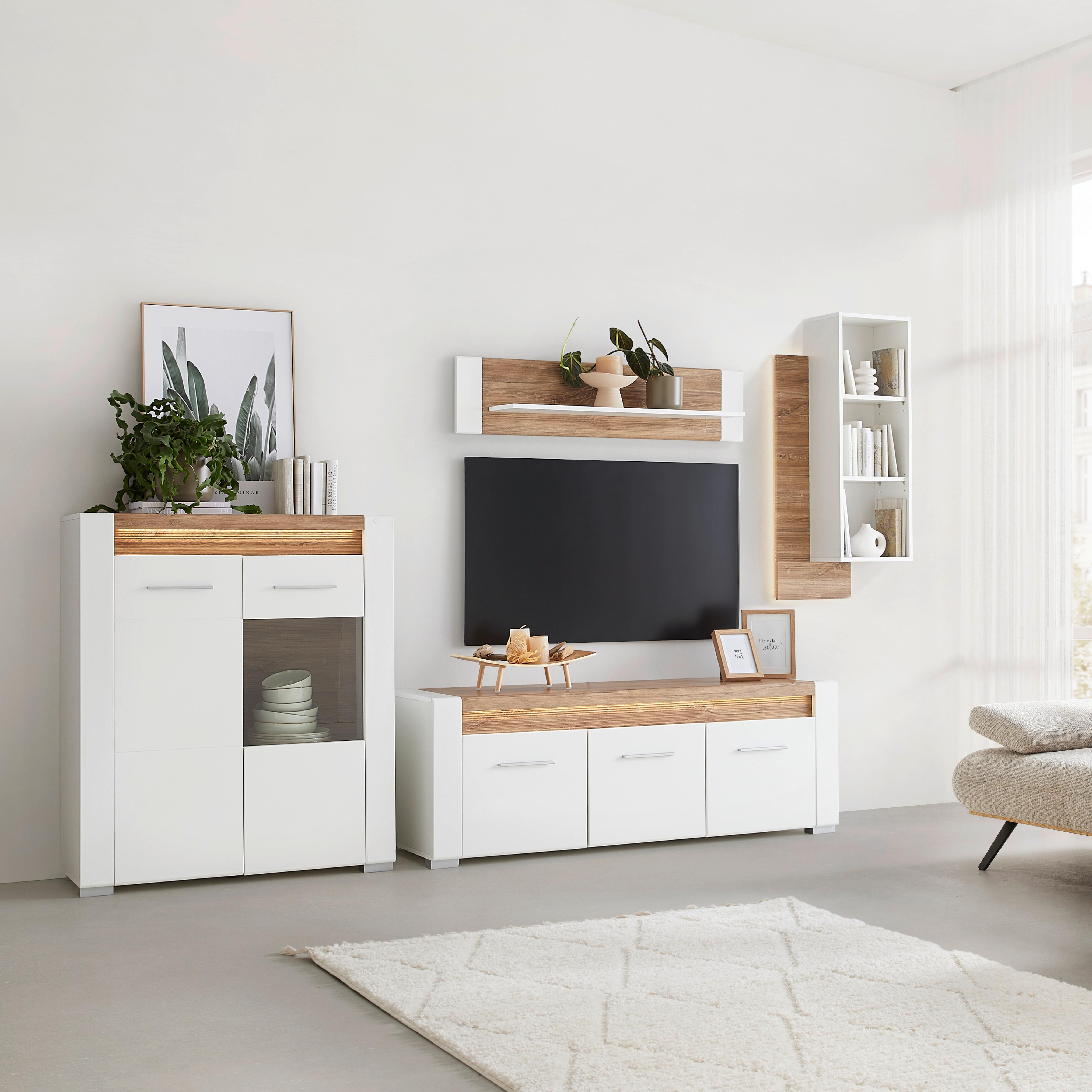 MEDIABÄNK LEONARDO - vit/kromfärg, Modern, metall/trämaterial (160/56/45cm) - Mömax