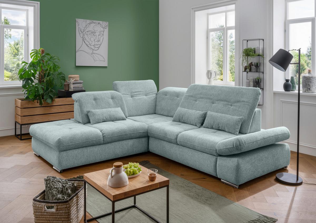 Ecksofa Dalida Mintgrün Chenille mit Bettkasten - Chromfarben/Mintgrün, Design, Textil/Metall (254/280cm) - Livetastic