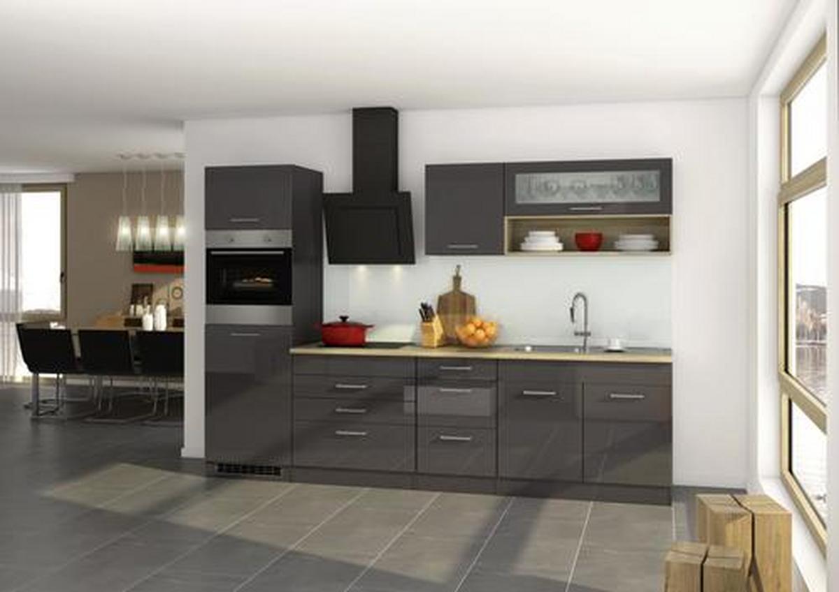 Küchenblock in Anthrazit inkl. E-Geräte 'Mailand' - Chromfarben/Eichefarben, MODERN, Holzwerkstoff/Metall (290cm) - Held