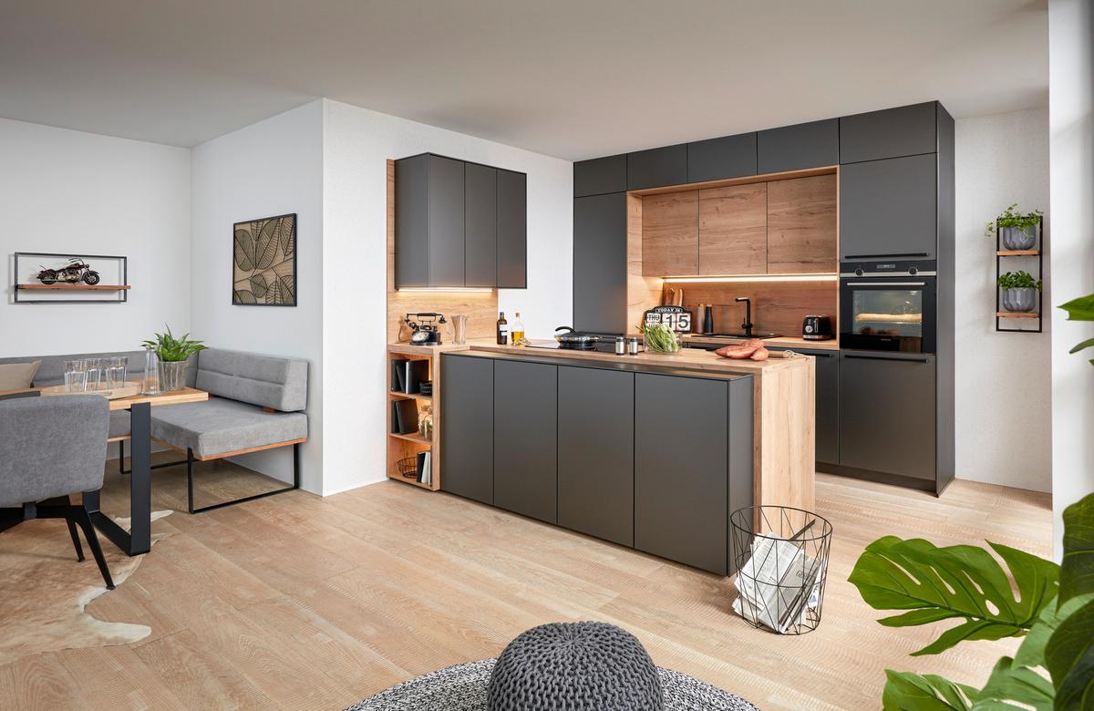 Einbauküche in Anthrazit/Eichefarben - Eichefarben/Anthrazit, MODERN, Holzwerkstoff (307/256cm) - Nobilia