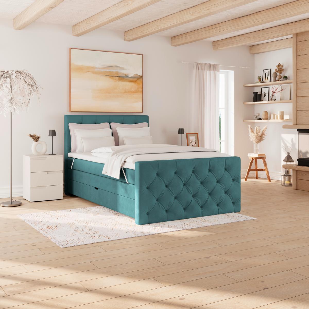 Boxspring Krevet Elio - bež/boje petroleja, Romantično / ladanjski, tekstil/plastika (140/200cm) - Modern Living