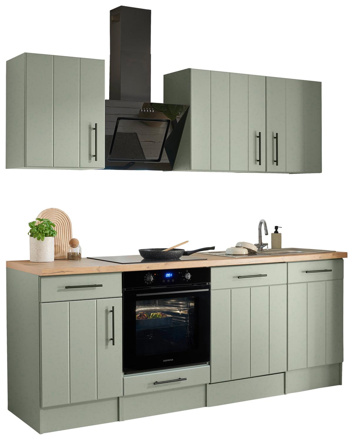 Küchenblock Anton m. Geräten Schilfgrün - Schilfgrün/Wildeiche, Trend, Holzwerkstoff/Metall (220cm) - Respekta