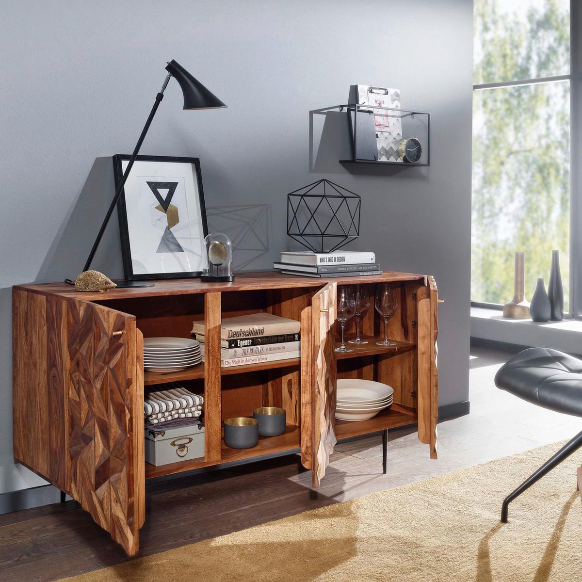 Komoda Wohnling, Pravi Les - zlate barve/črna, Design, kovina/les (144/72/47cm) - MID.YOU