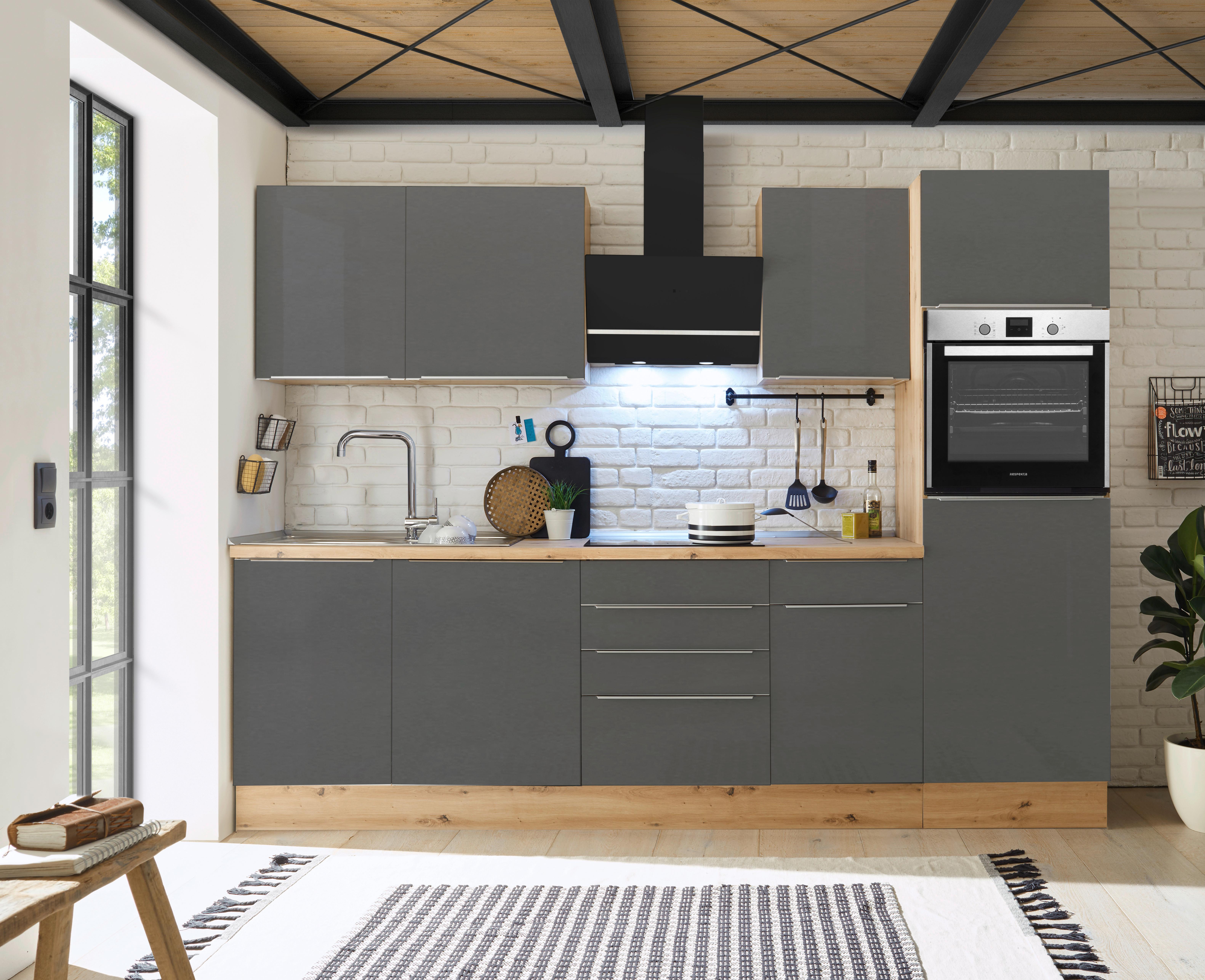 Küchenblock Marleen m. Geräten Grau B: ca. 280 cm - Anthrazit/Alufarben, LIFESTYLE, Holzwerkstoff/Kunststoff (280/211/60cm) - Respekta