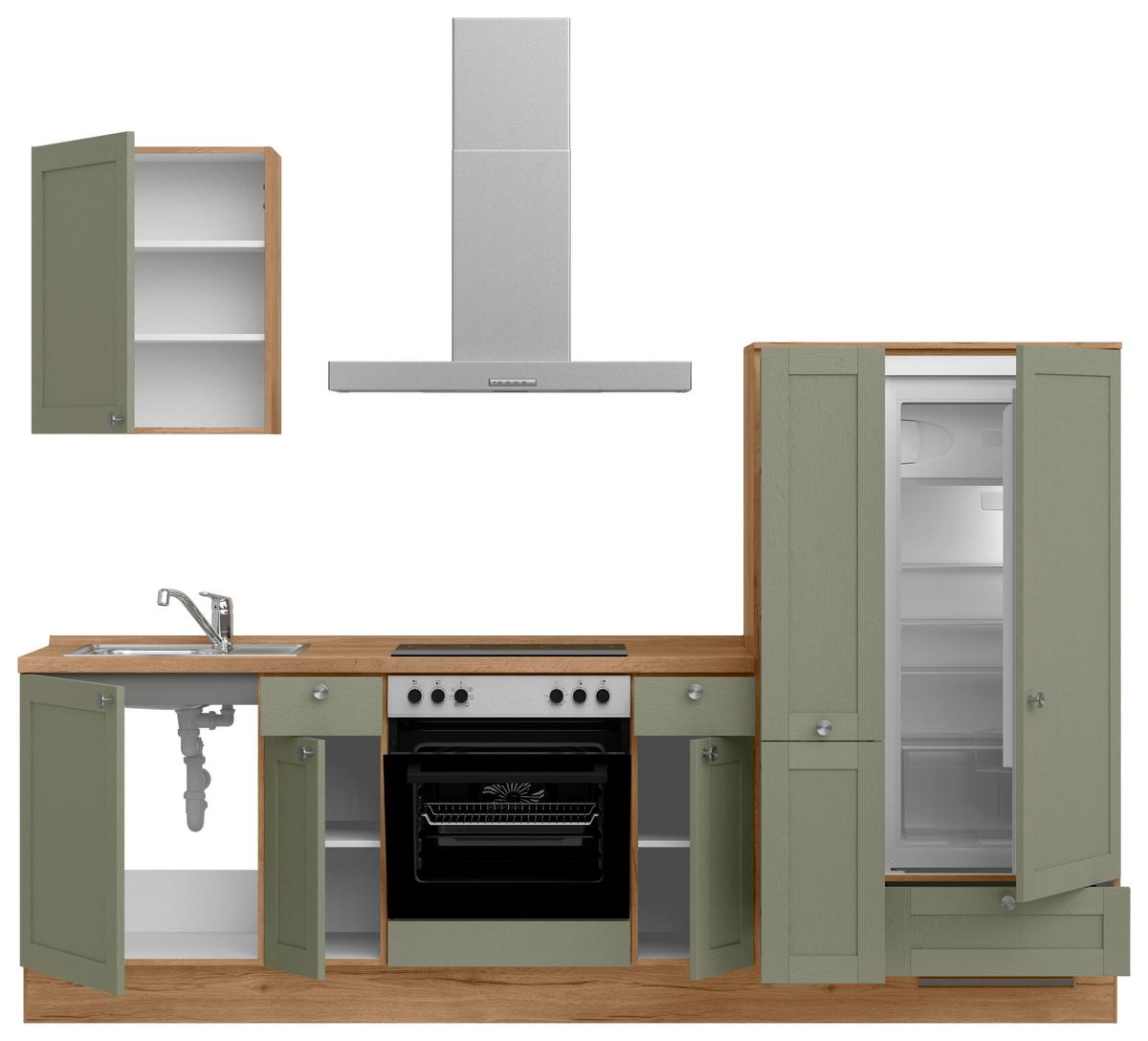 Küchenleerblock Frame Low o. Geräte Olivgrün - Edelstahlfarben/Eichefarben, MODERN, Holzwerkstoff/Metall (270cm) - Nobilia