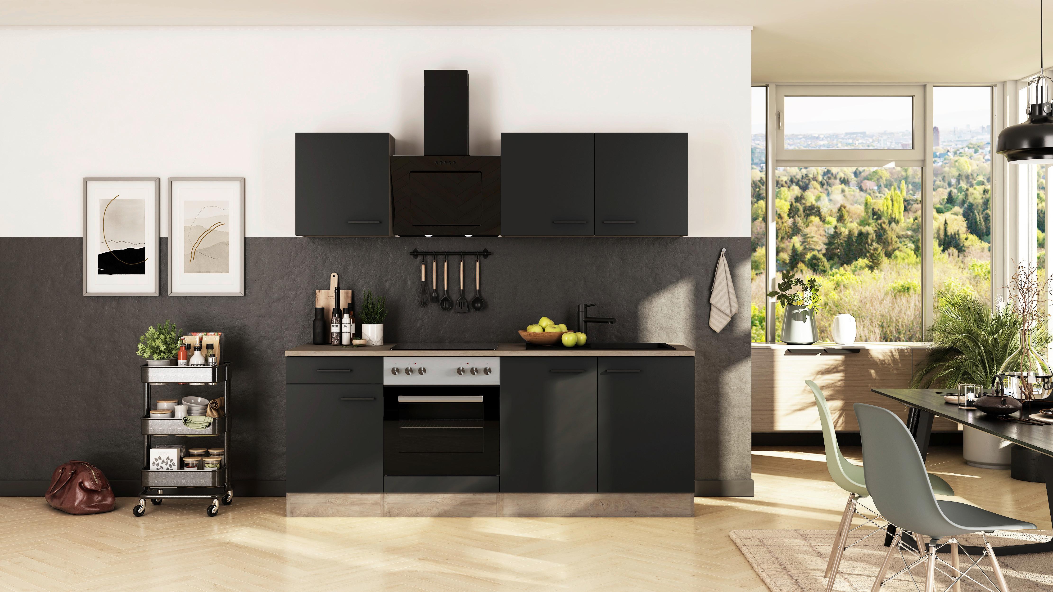 Kuhinjski Blok Z Aparati Capri, Črna, Barva Hrasta - črna/barve hrasta, Basics, kovina/leseni material (210cm) - FlexWell