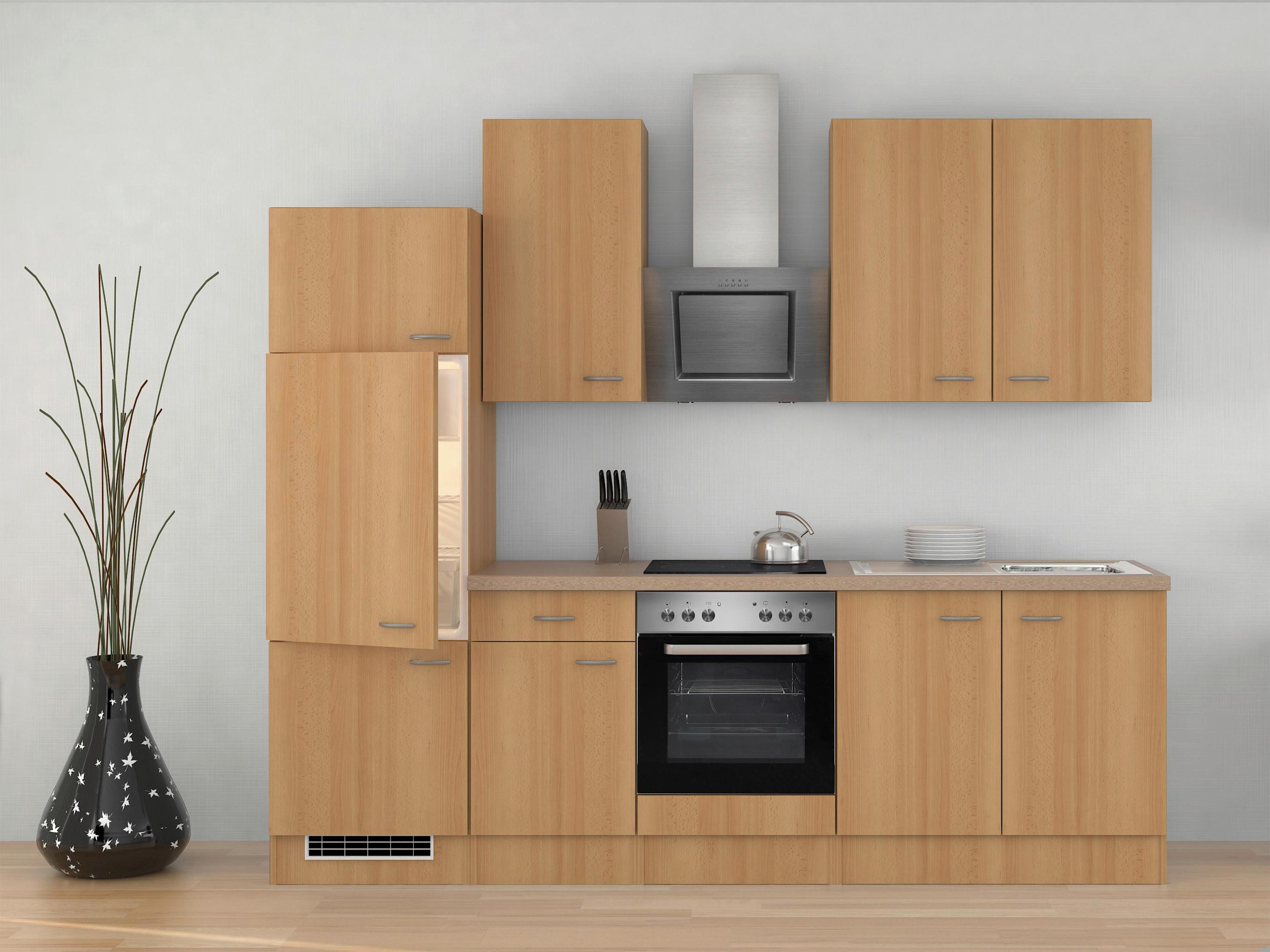 Küchenblock in Buche inkl. Geräte und Spüle 'Nano' - Edelstahlfarben/Beige, MODERN, Holzwerkstoff/Kunststoff (270cm) - FlexWell