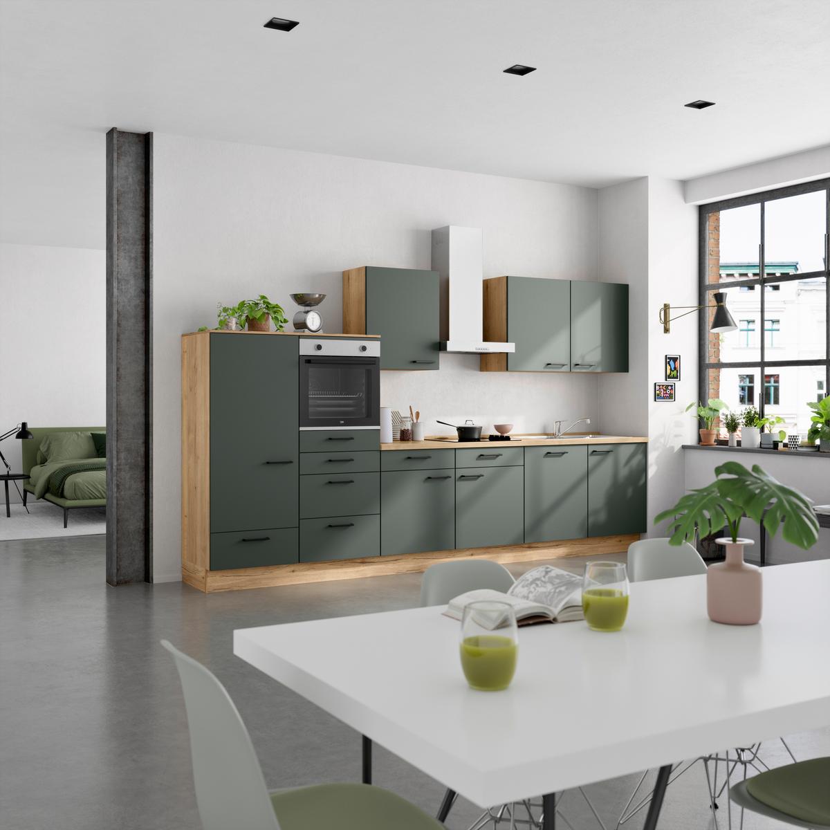 Küchenblock Easytouch m. Geräten Dunkelgrün - Dunkelgrün/Eichefarben, MODERN, Holzwerkstoff/Metall (360cm) - Nobilia