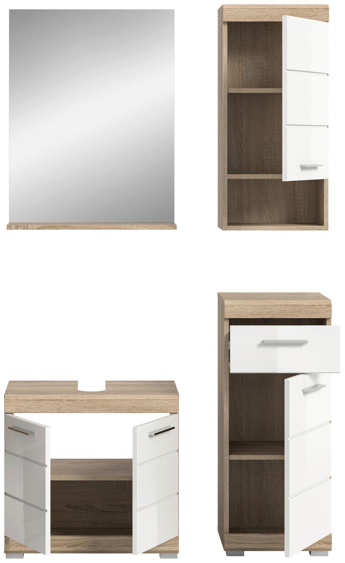 Badezimmer Lambada 4-tlg. ca. 97 cm Eiche/Weiß - Weiß Hochglanz/Silberfarben, MODERN, Glas/Holzwerkstoff (97cm) - MID.YOU